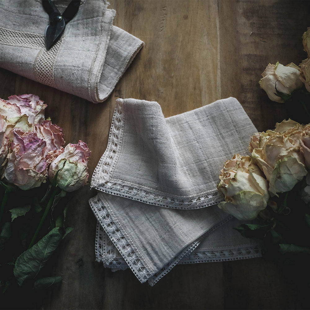 Elegant Hemstitch Lace Napkins Set of 12 - Premium Cotton Embroidered Table Linens for Wedding, Dinner Party & Home Decor