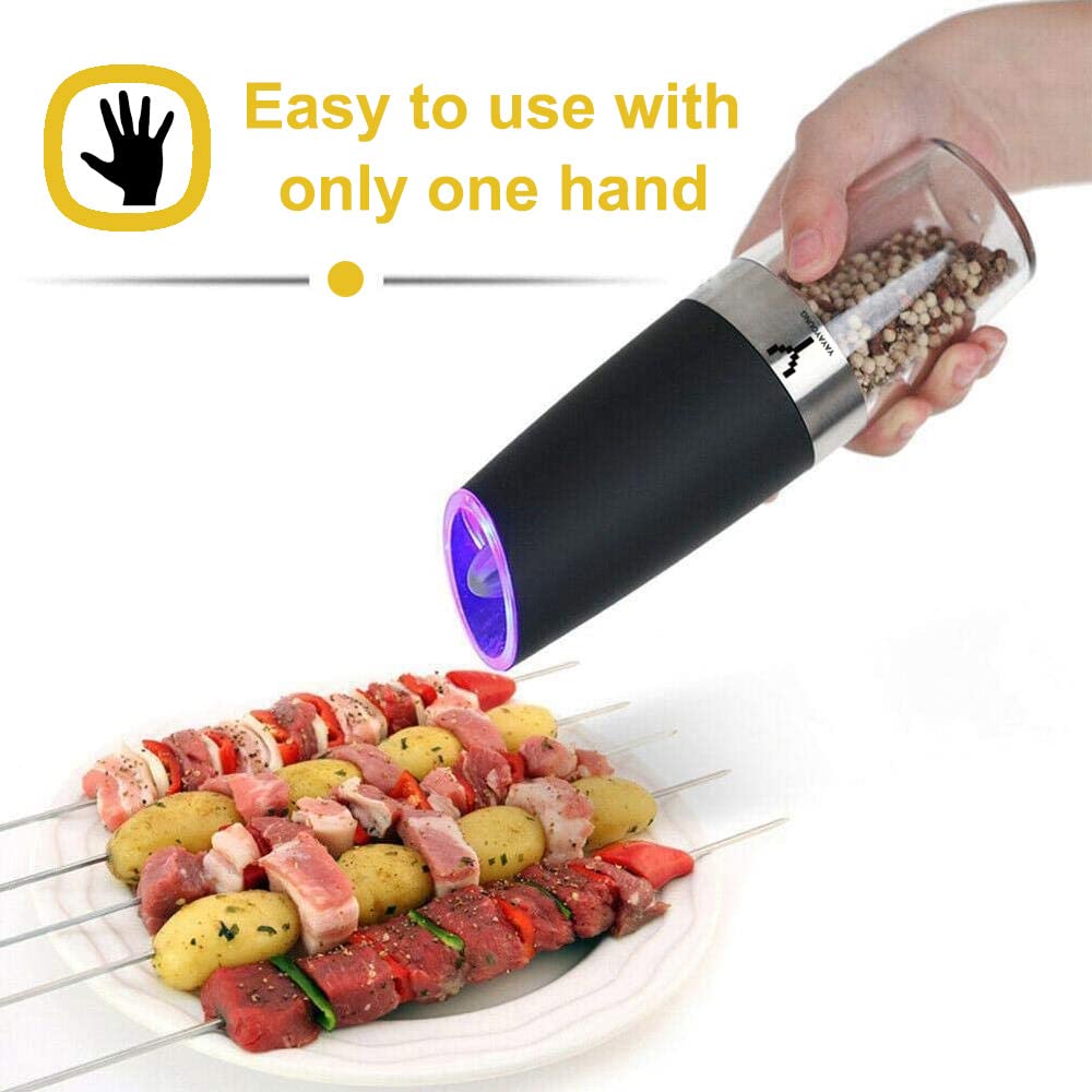 Premium Electric Salt and Pepper Grinder Set - Automatic Gravity Spice Mill with Adjustable Coarseness & Blue LED Light - Rechargeable Battery Operated - Perfect for Kitchen, Dining Table, Camping, and Gifts