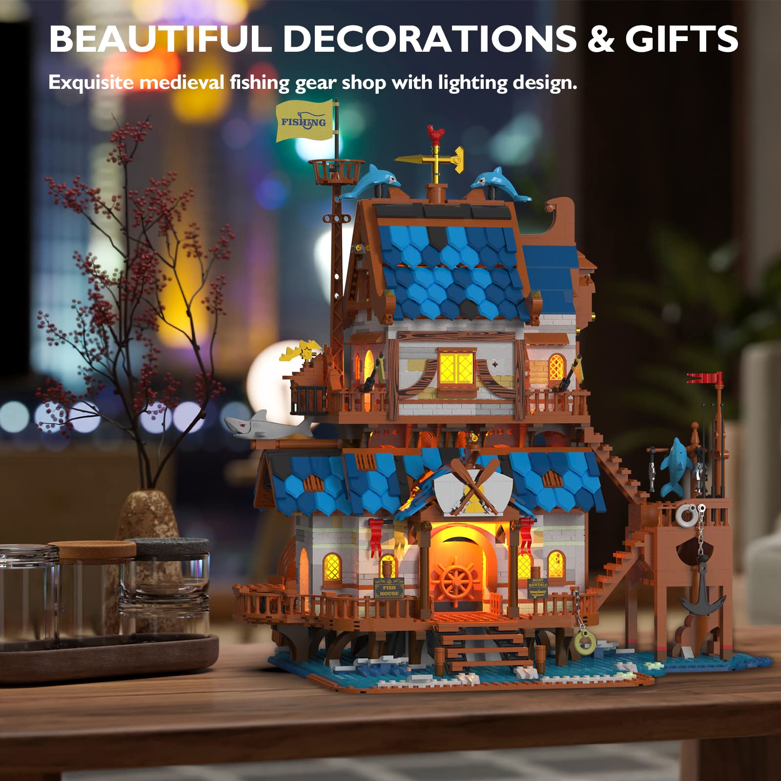 JMBricklayer Medieval Fishing Shop Building Set for Adults - LED Lighting Kit, Creative Castle House Model Toy | Collectible Display & Gift Idea for Boys & Girls (41107) | Perfect for Home Decor, Hobbyists & LEGO Enthusiasts