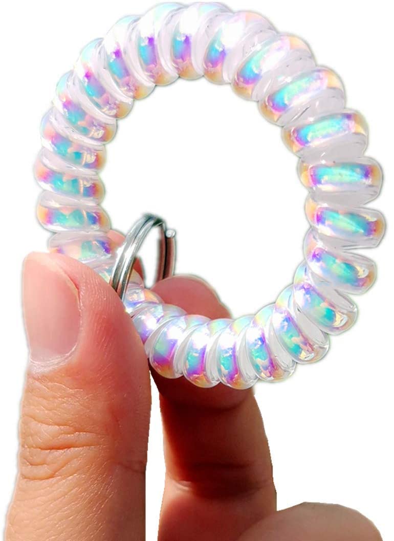 Iridescent Spiral Stretch Keychain Wristband - Pack of 5 Colorful Coil Bracelets for Keys, Jewelry & Accessories Organization - Perfect for Home, Office, Gym & Travel Use
