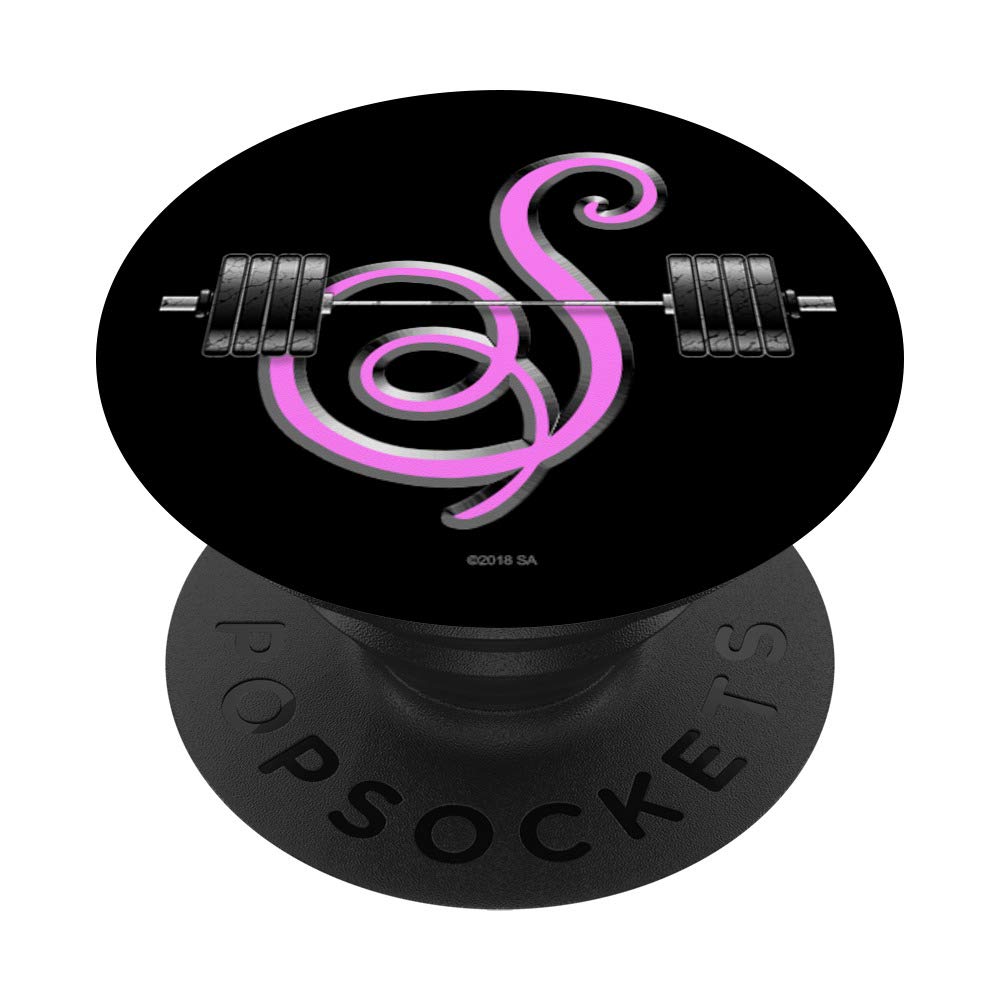 Custom Pink Monogram Barbell Workout Motivation Phone Grip & Stand - Personalized S Name PopSockets for iPhone, Samsung & Tablets | Perfect for Gym, Fitness & Yoga Enthusiasts