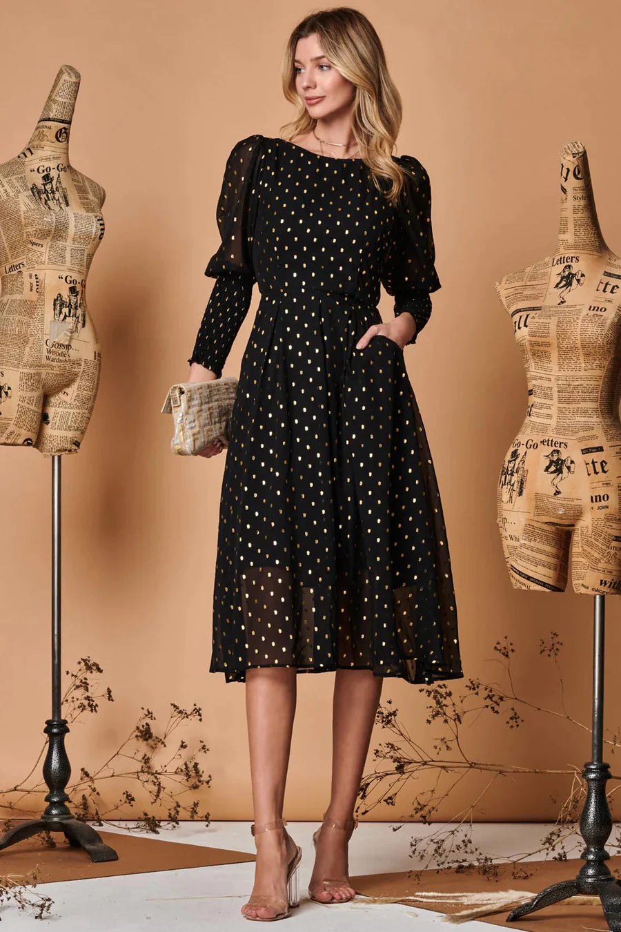 Elegant Metallic Chiffon Puff Sleeve Midi Dress for Women - Black Curve Flowy Party Dress for Evening Events, Weddings & Special Occasions