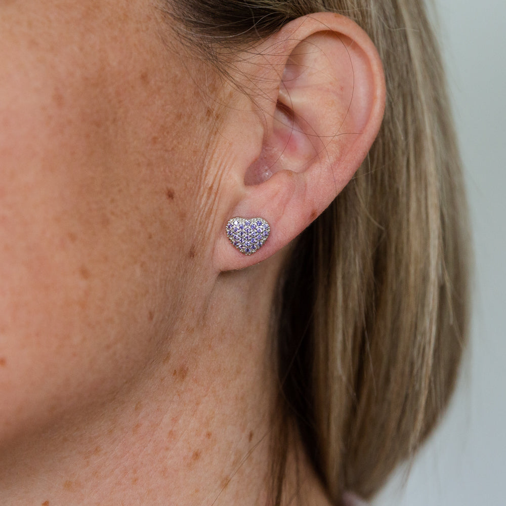 9ct White Gold Purple Cubic Zirconia Pave Heart Stud Earrings for Women - Elegant Valentine's Day Gift, Anniversary Present, Romantic Jewelry for Her - Perfect for Date Nights, Weddings & Special Occasions