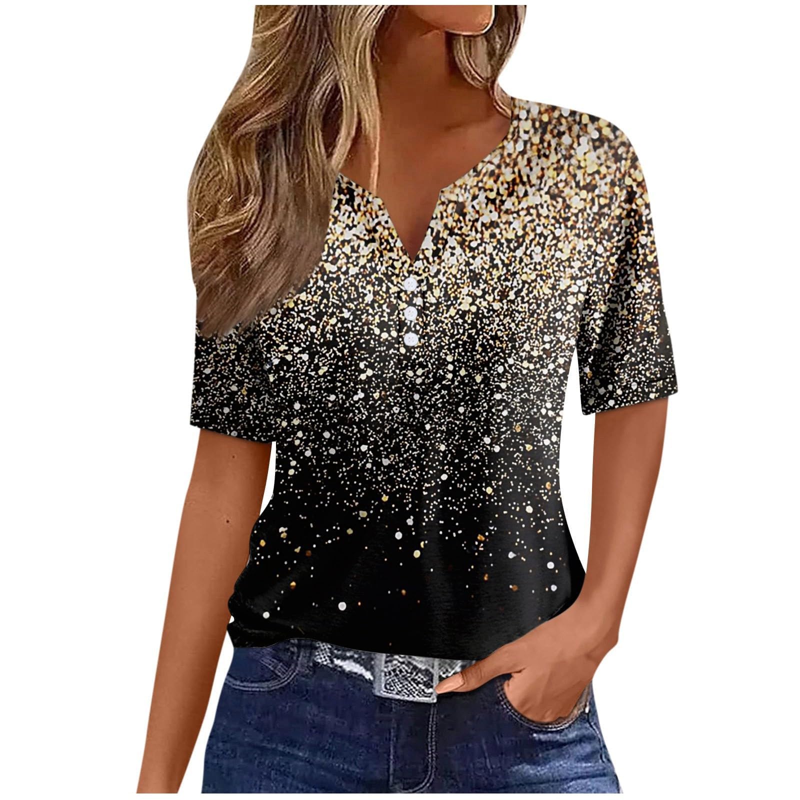 Sparkling Rhinestone Henley Shirts for Women - Short Sleeve V-Neck Summer Tops | Casual Button Down Blouses & Dressy T-Shirts 2024 | Perfect for Date Nights, Office Wear & Summer Outings