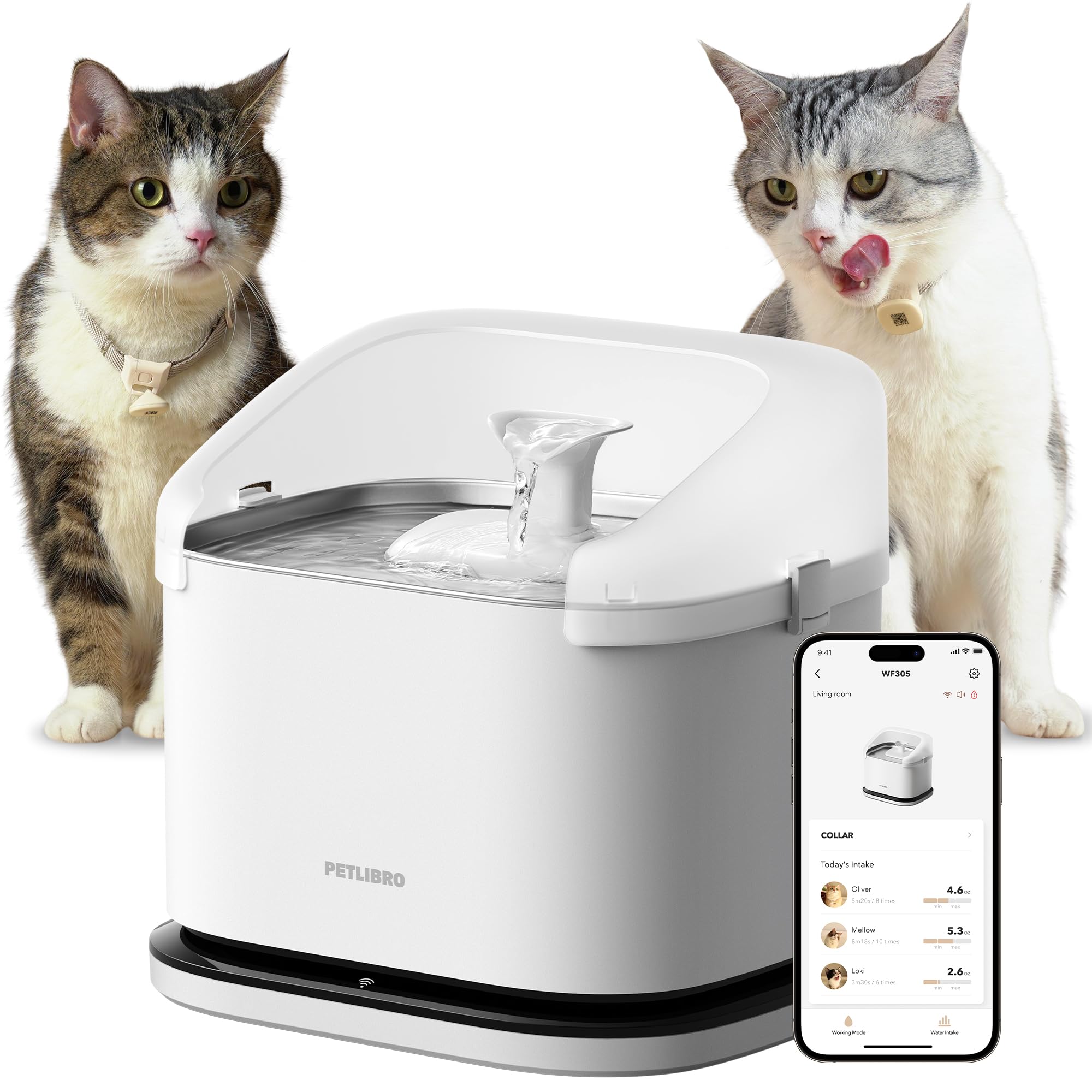 PETLIBRO Smart WiFi Cat Water Fountain - 3L/101oz Large Capacity Automatic Pet Water Dispenser with RFID Collar Tags & App Monitoring for Multi-Cat Homes - Perfect for Indoor Cats, Hydration & Health Tracking