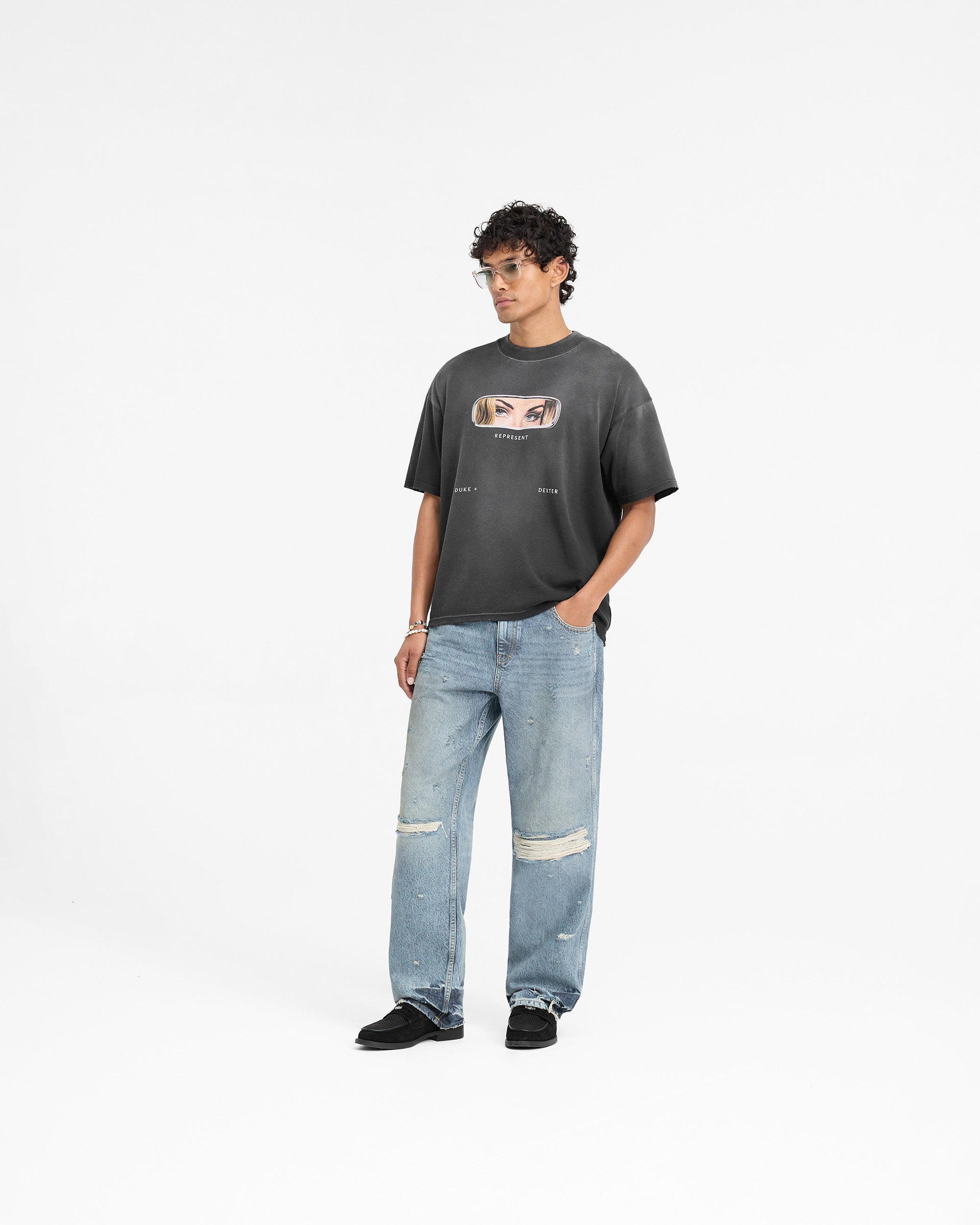 Represent X Duke + Dexter Rearview Mirror Graphic T-Shirt - Stained Black | Vintage Inspired Streetwear for Casual Outfits & Urban Fashion