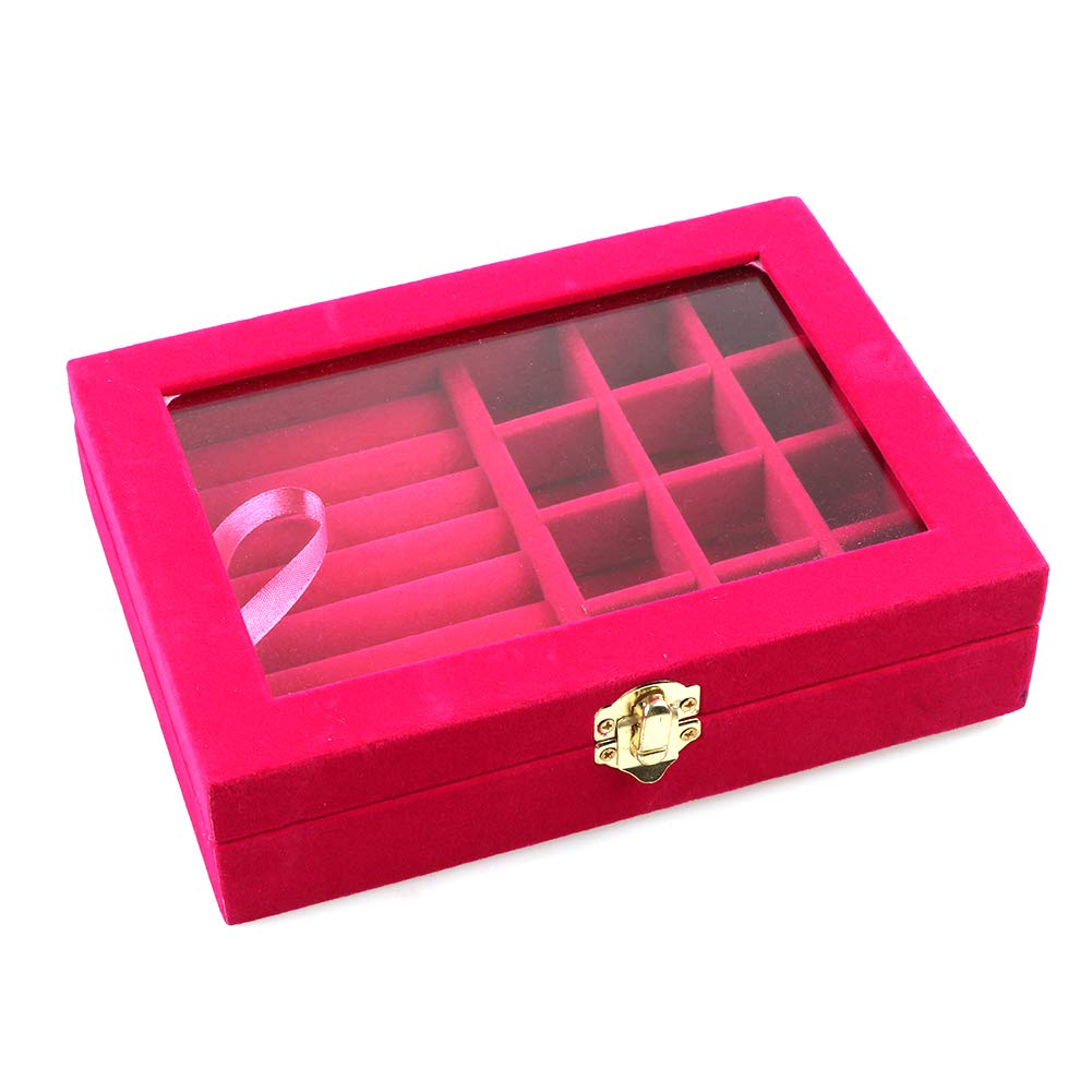 SIKIWIND Velvet Jewelry Display Box with Glass Cover - Ring Case, Earring Organizer & Storage Box for Collectors (Rose Red) - Perfect for Wedding, Engagement Rings & Jewelry Showcase