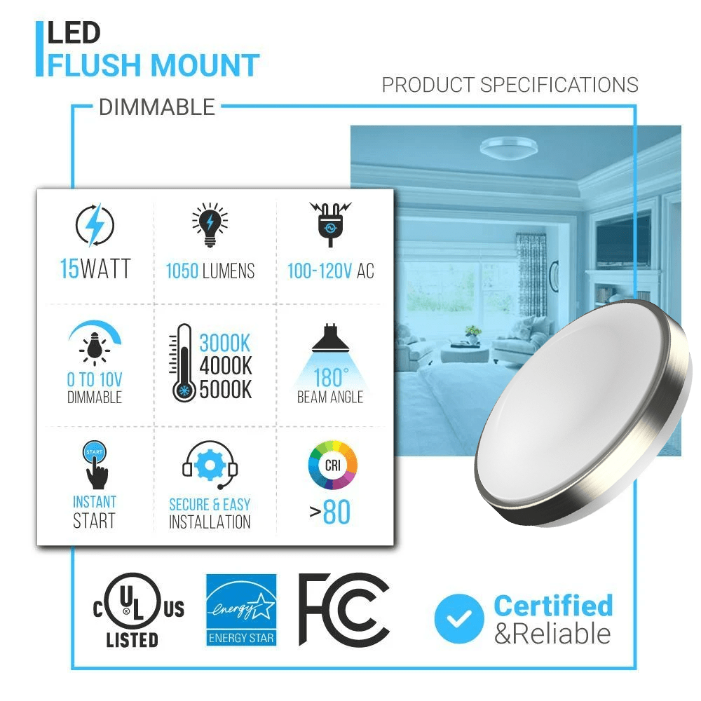 15W LED Flush Mount Ceiling Light Fixture - 11 Inch Round Brushed Nickel Design - 1050 Lumens Bright White Light - Perfect for Bedroom, Kitchen, Hallway & Office Lighting