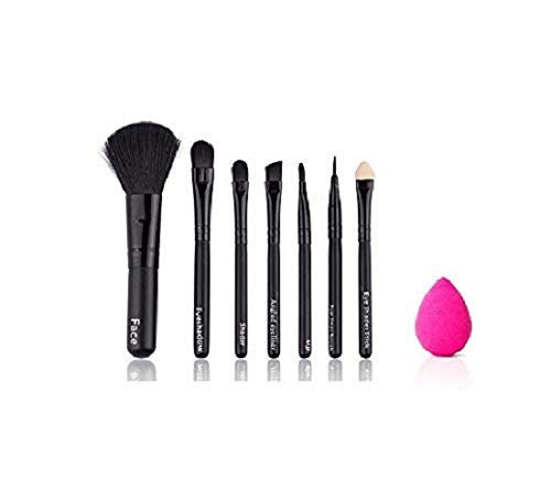 Angelie Professional Makeup Brush Set with Storage Box & Sponge Puff - 7 Piece Black Cosmetic Brush Kit for Foundation, Blending, Contouring | Perfect for Travel & Everyday Makeup Application