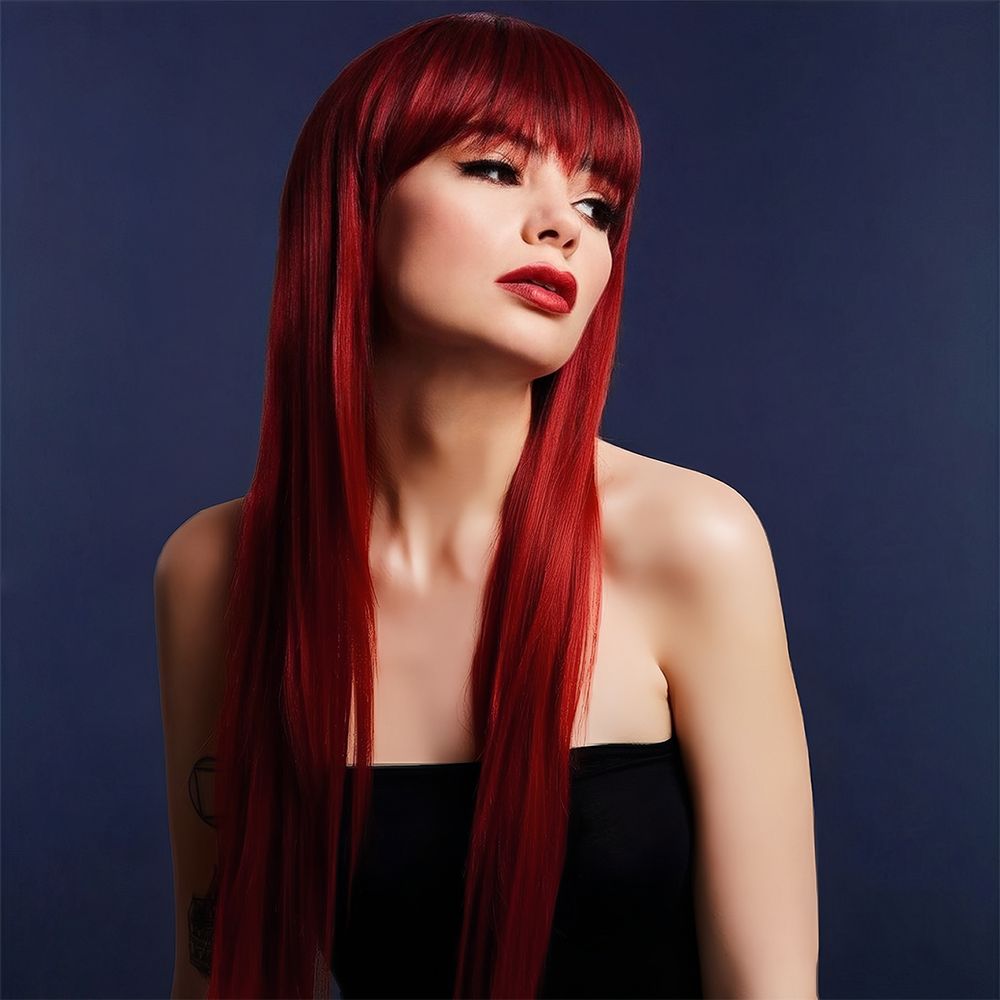 Abell'a Scarlet Stunner 60cm Straight Synthetic Wig With Bangs - Perfect for Cosplay, Halloween, and Daily Fashion Styling