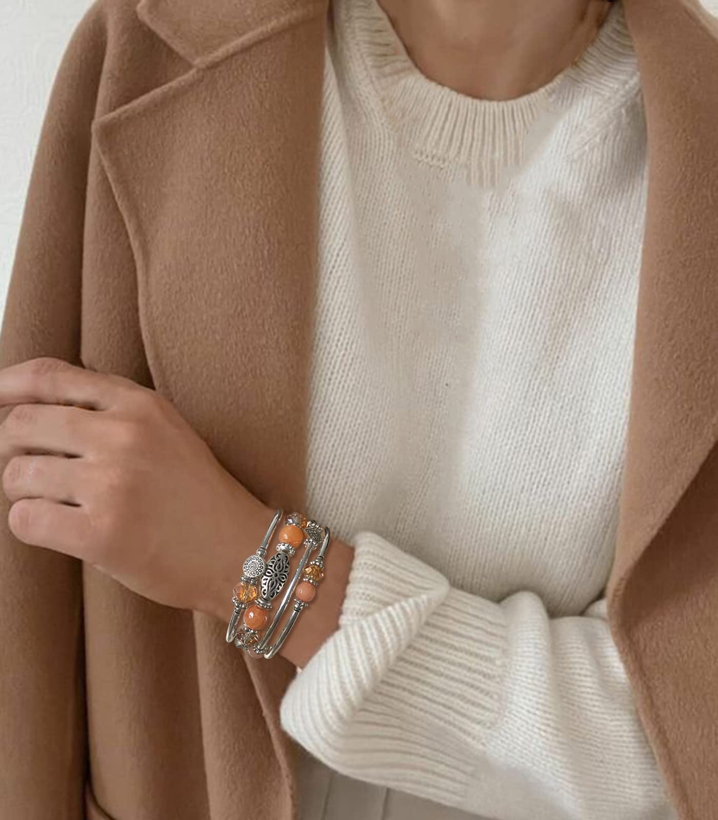 Stackable Boho Beaded Bracelets for Women - Autumn Wrap Silver Jewelry Gift for Her, Perfect for Layering & Casual Wear