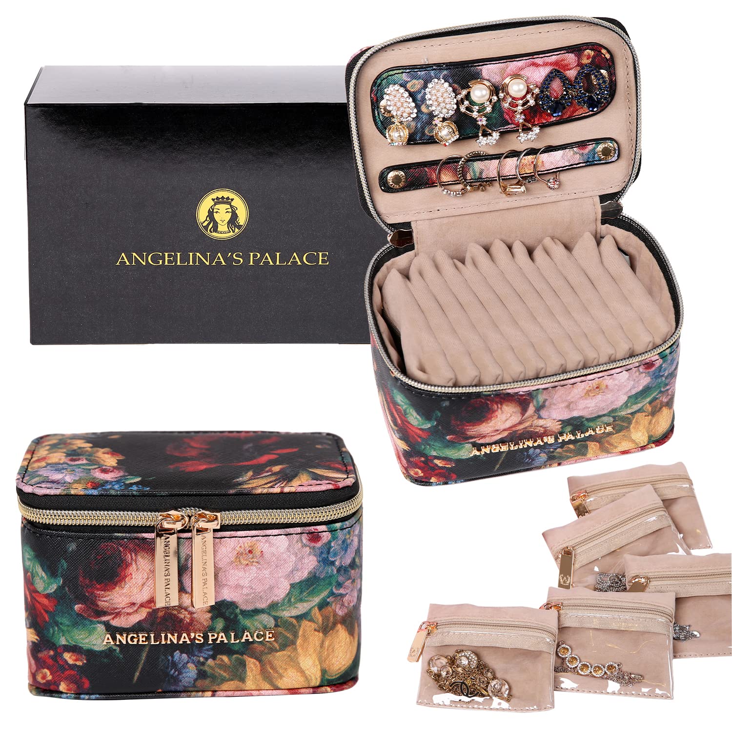 Angelina's Palace Jewelry Organizer Travel Case - Vegan Leather Storage Box for Necklaces, Earrings, Bracelets & Rings - Perfect Bridesmaid Gift & Travel Jewelry Organizer (Blossom Victorian)