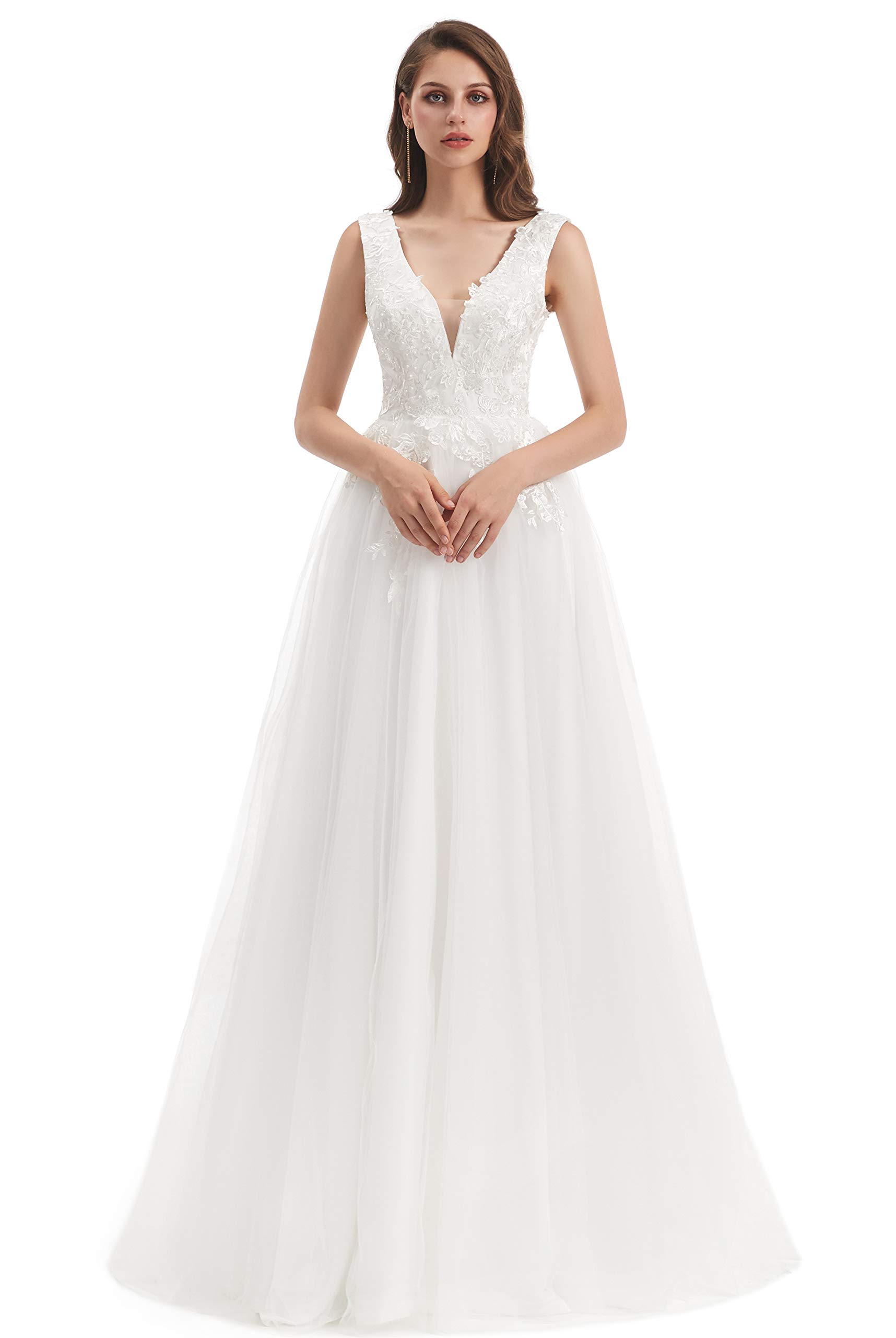 Elegant Women's V-Neck Pearl Applique Sleeveless Wedding Dress for Beach Brides | Perfect for Destination Weddings, Summer Ceremonies & Tropical Vacations