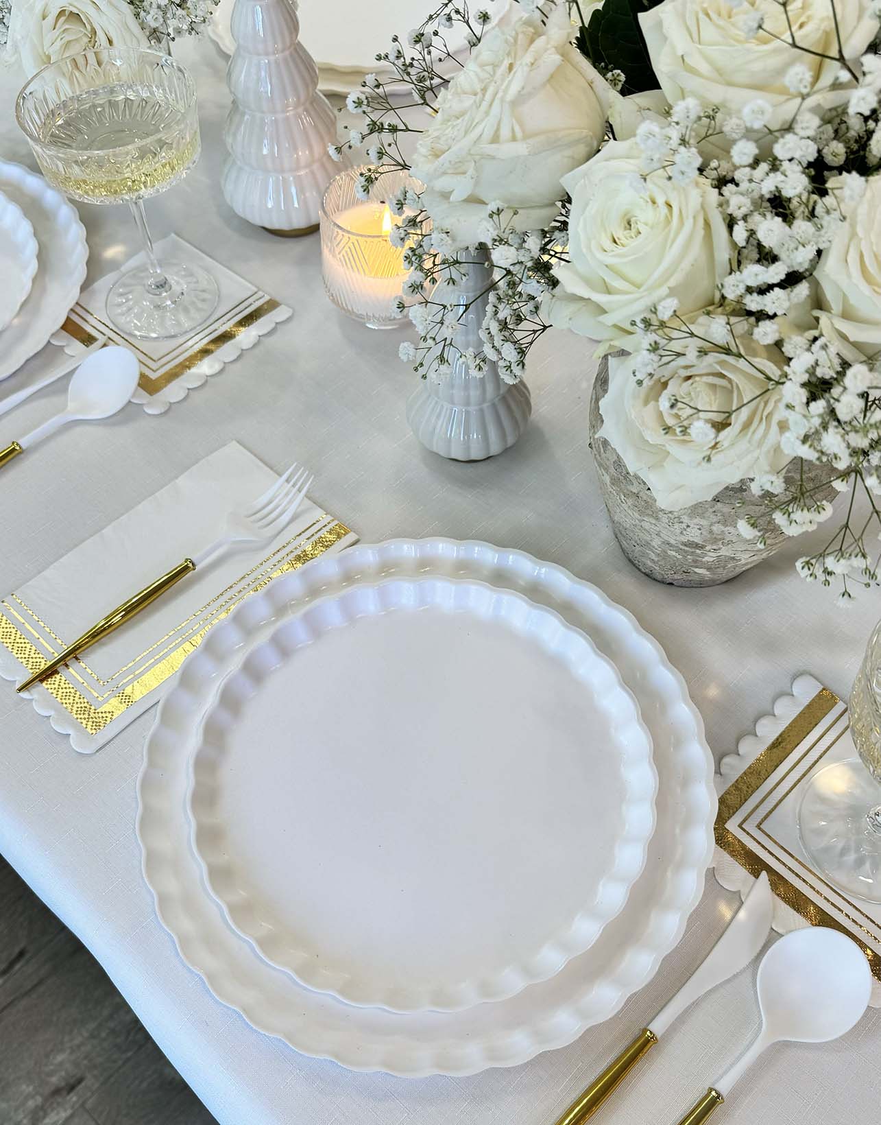 Eco-Friendly White and Gold Table Setting for Weddings, Parties & Formal Dining - Sustainable Dinnerware Set