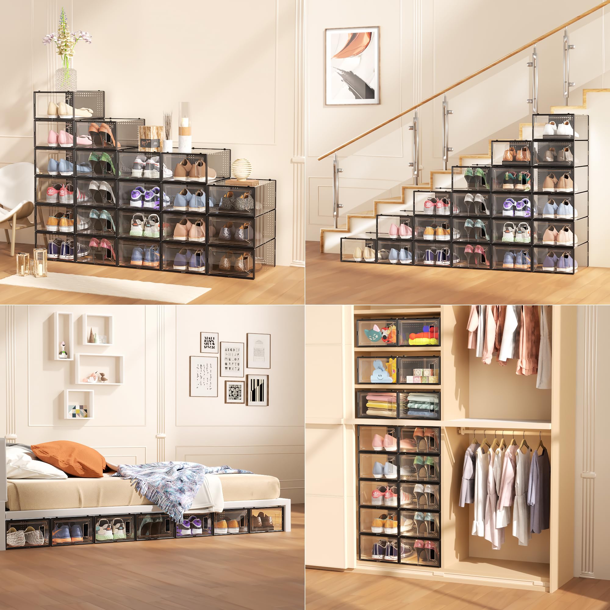 12 Pack Large Clear Plastic Shoe Storage Boxes with Lids - Stackable Modular Shoe Organizer for Closet, Space Saving Shoe Display Containers - Perfect for Sneaker Collection, Boot Storage & Closet Organization