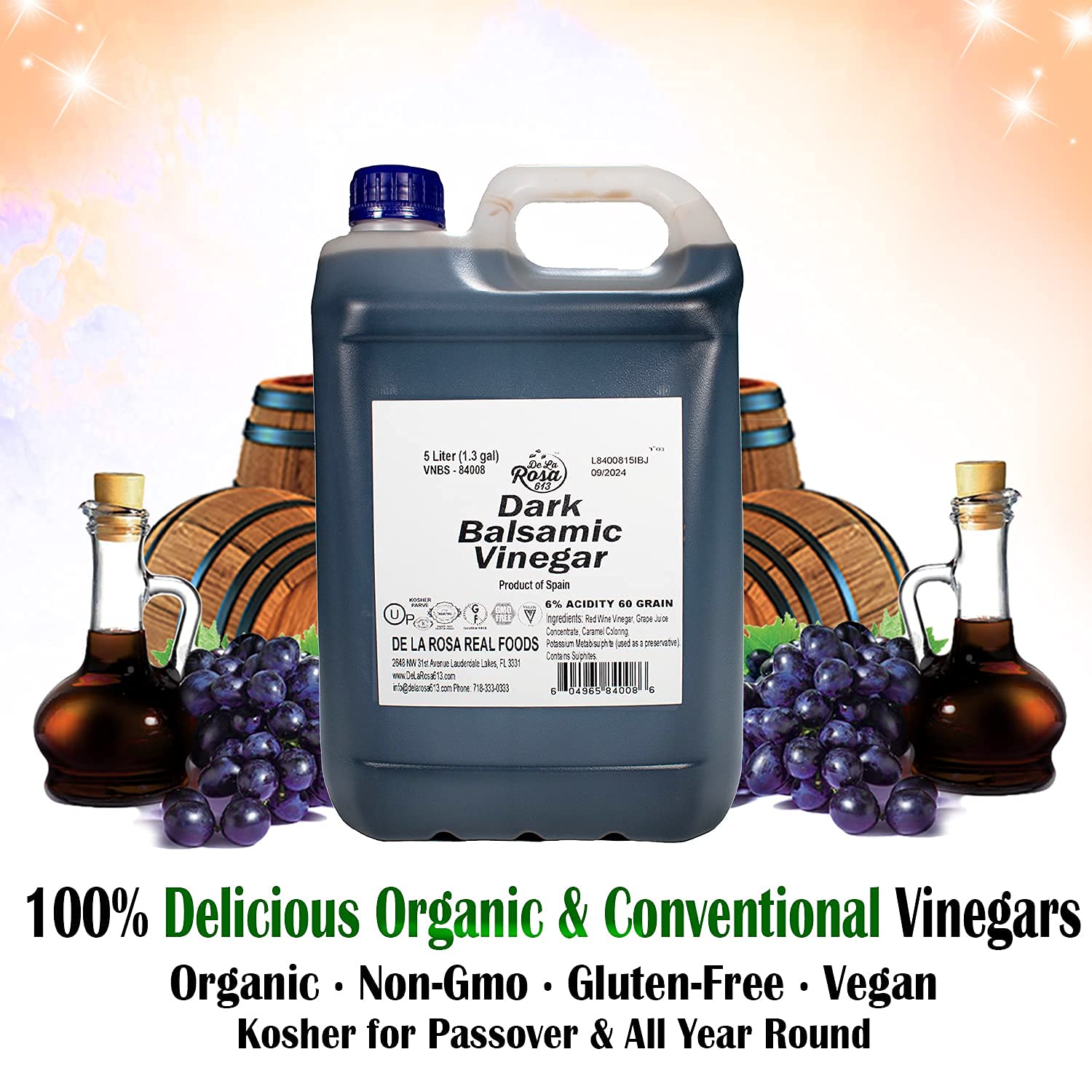 Premium Spanish Dark Balsamic Vinegar - Vegan, Kosher & Gluten Free - Ideal for Salad Dressings, Marinades, Dipping & Cooking - 5 Liter Bulk Size (Pack of 1) - Perfect for Restaurants, Catering & Home Chefs