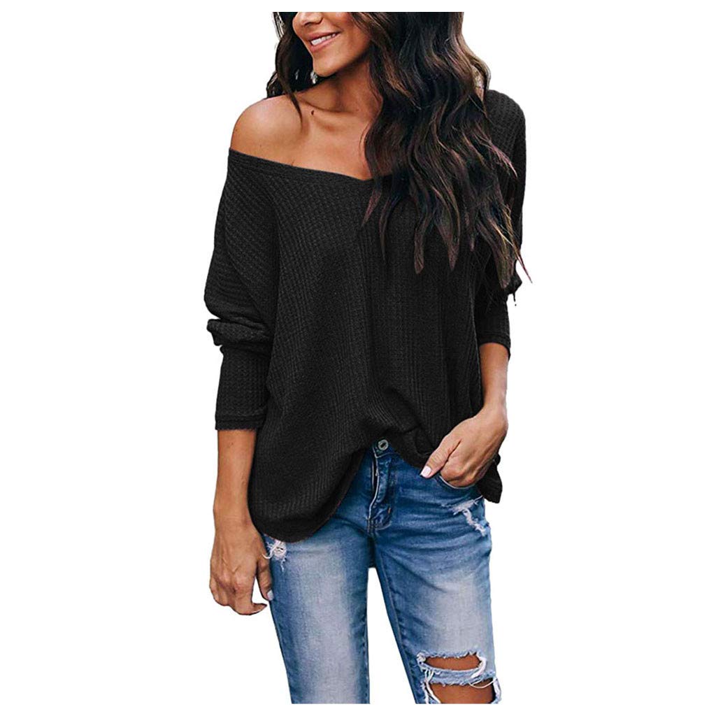 HDGTSA Women's Off Shoulder V-Neck Waffle Knit Blouse - Batwing Sleeve Loose Pullover Sweater (Black, Small) | Casual Chic Top for Date Night, Office Wear & Fall Layering