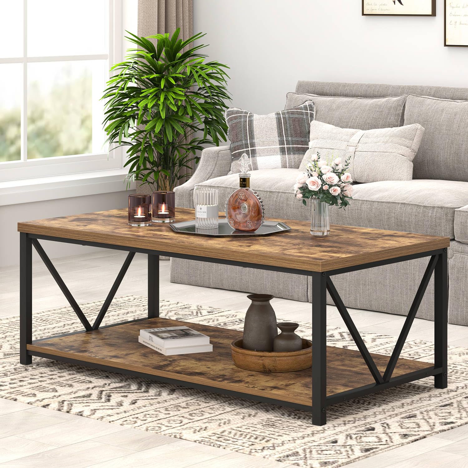 EXCEFUR Modern Coffee Table - Rustic Wood & Metal Living Room Table with Storage Shelf, Industrial Rectangle Center Table, 47 Inch Brown - Perfect for Small Spaces, Apartments & Farmhouse Decor