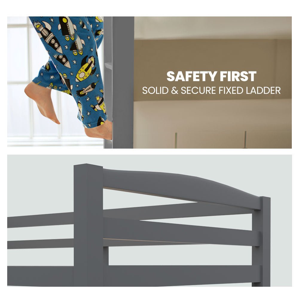 Kids Single Wooden Bunk Bed Frame with Grey Mattress - Space-Saving Twin Loft Bed for Small Rooms, Dormitory & Kids Bedroom - Sturdy Wood Construction for Safety & Comfort