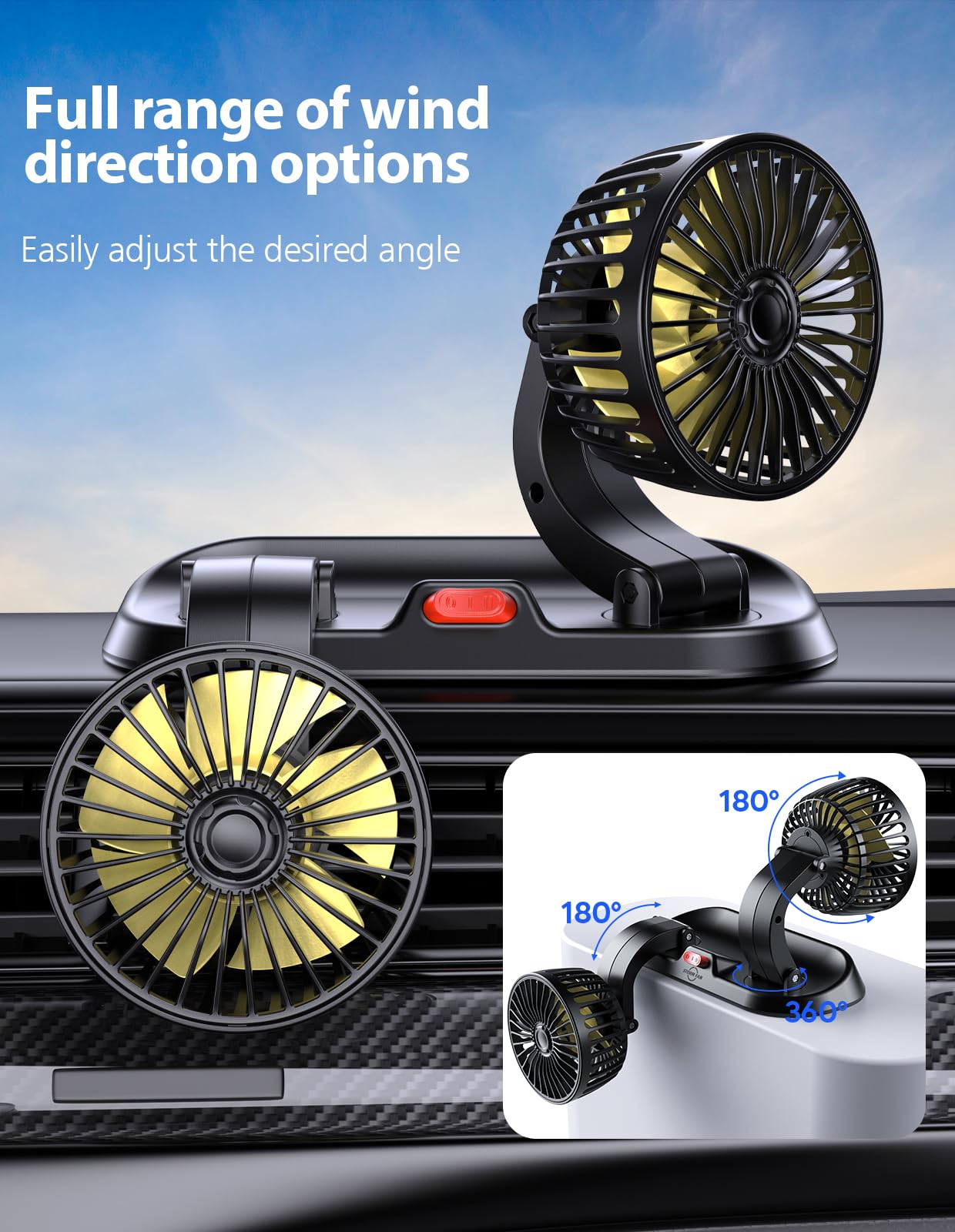 12V Dual Head USB Car Fan - Portable Brushless Cooling Fan for Vehicles with 3 Speeds & 360° Rotation - 2024 Upgraded for SUV, RV, Truck, Sedan, Cruise - Perfect for Road Trips, Camping & Hot Weather Driving (Cigarette Lighter Powered)