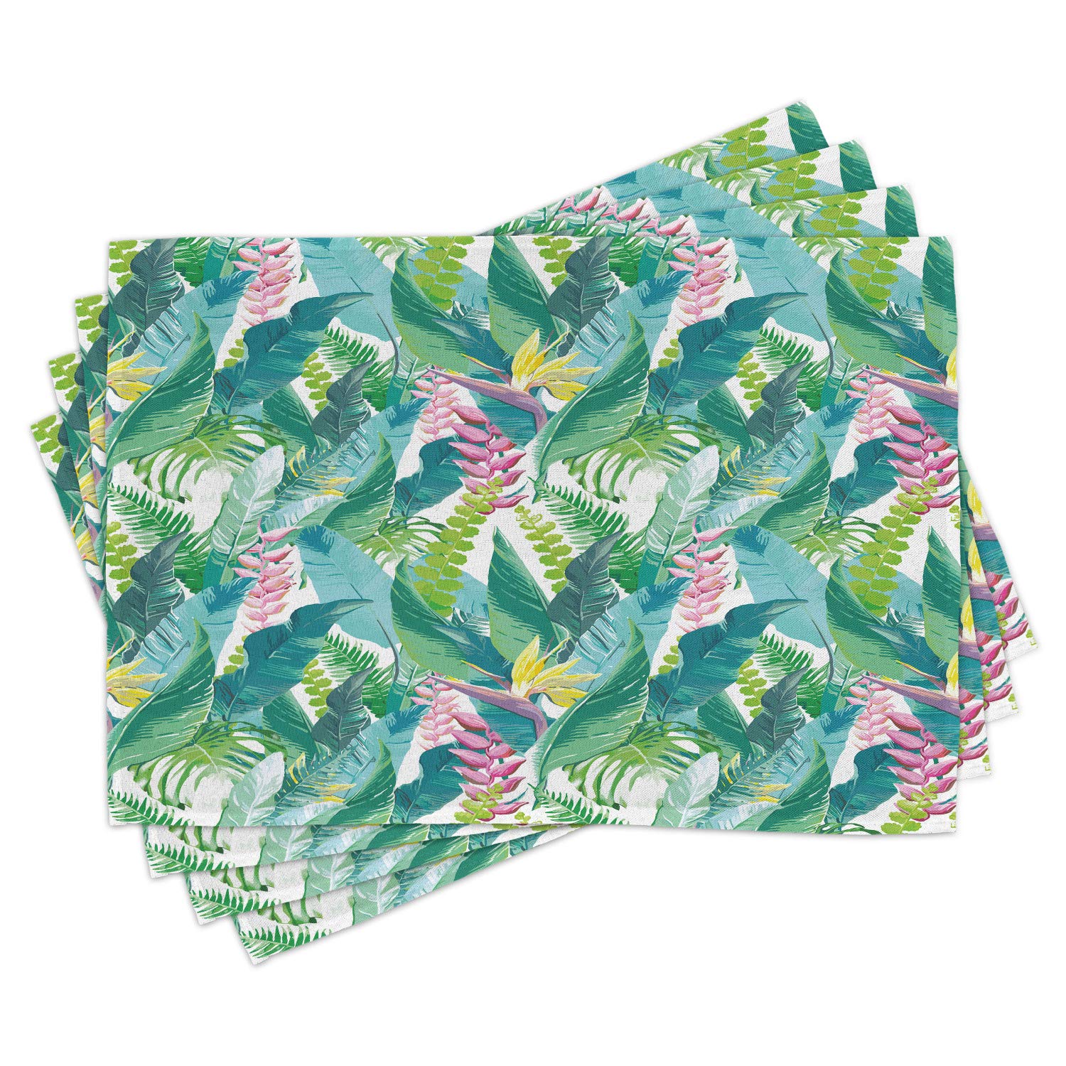 Ambesonne 4-Pack Leaf Print Place Mats - Tropical Plumeria Lilac Floral Design, Washable Fabric for Dining Table & Kitchen Decor in Pink, Blue, Yellow & Green | Perfect for Spring & Summer Parties, Indoor/Outdoor Entertaining
