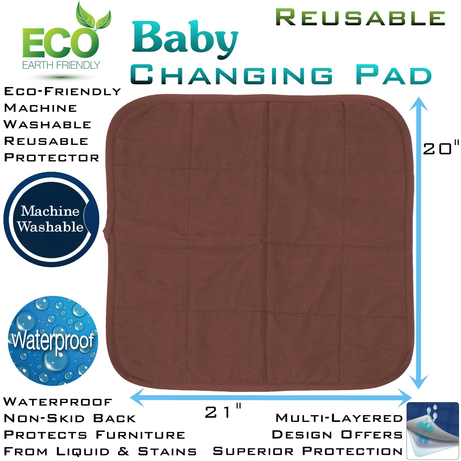 **Premium Baby Changing Pad - Ultra Absorbent & Reusable Diaper Changing Mat - Portable Waterproof Toddler Changing Liner (Brown, Single Pack) for Nursery, Travel & On-the-Go Diaper Changes**