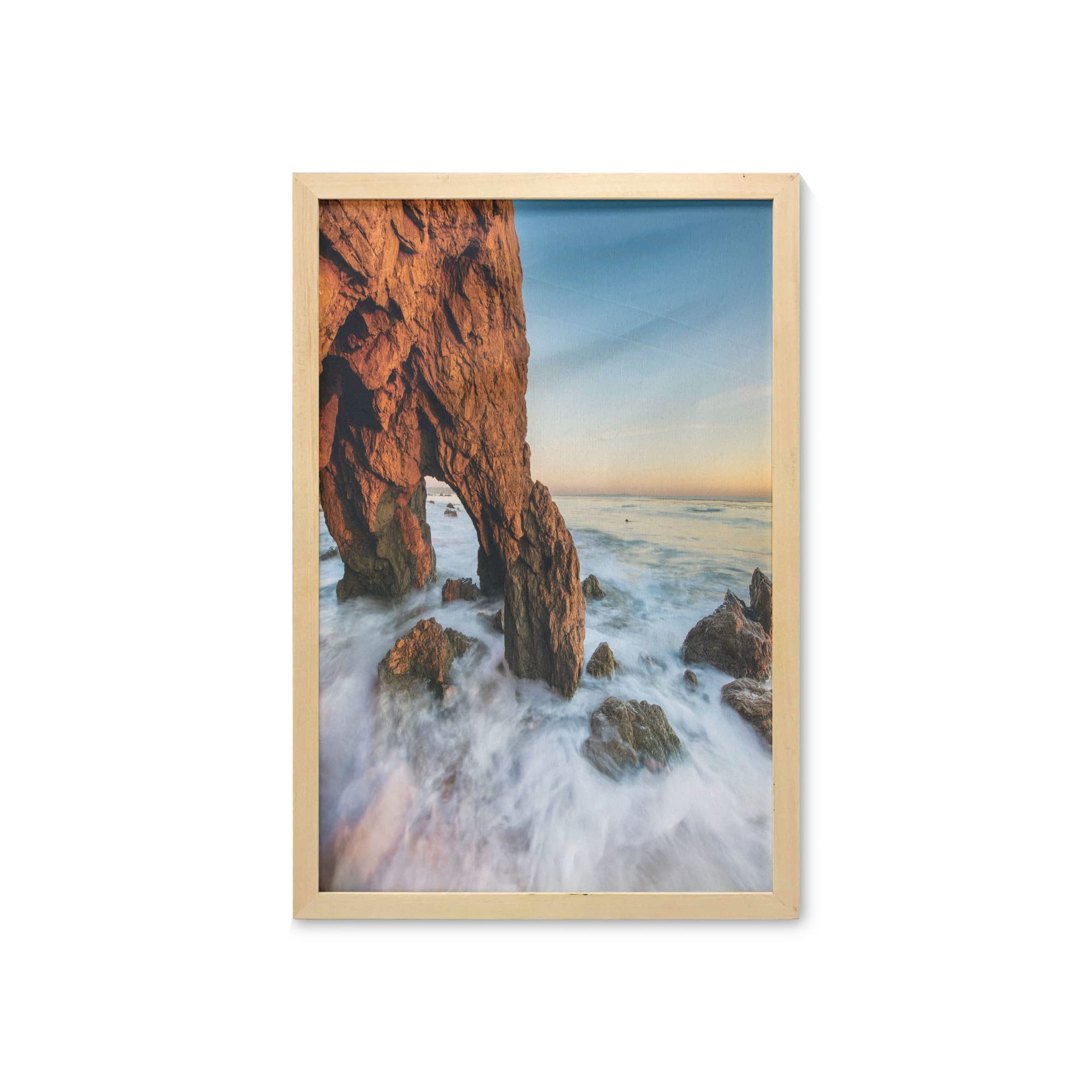 Ambesonne Framed Landscape Wall Art - Majestic Sea Cliff & Ocean Sunset Photography, 23x35 Inch Printed Fabric Poster for Bathroom, Living Room, Dorm Decor | Coastal Home Decor, Beach House Wall Art, Nature Photography Gift
