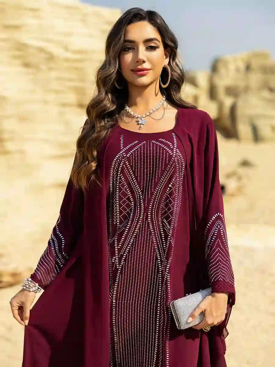 Elegant Hotfix Rhinestone Chiffon Caftan Dress for Women - Perfect for Eid Celebrations, Weddings & Special Occasions