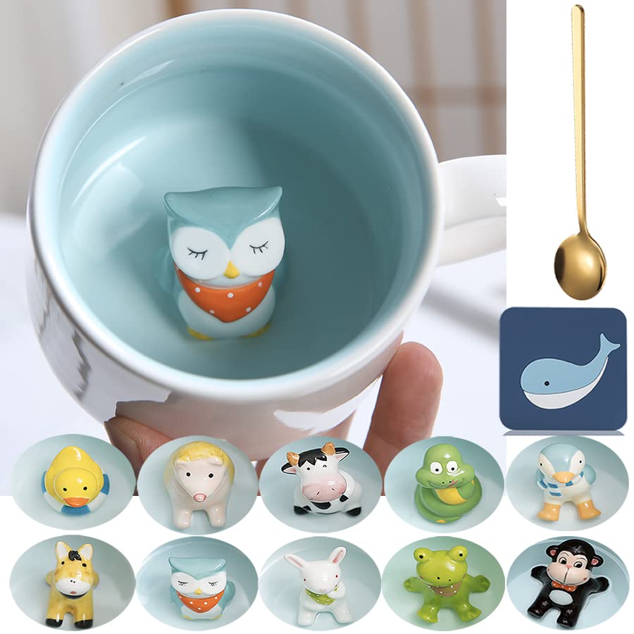 Funny Owl Coffee Mugs 12oz - Cute Ceramic Tea Cups with Handle & Spoon - Unique Animal Inside Cup Novelty Gift for Women, Friends & Kids - Perfect for Birthday Parties, Office Use & Home Decor