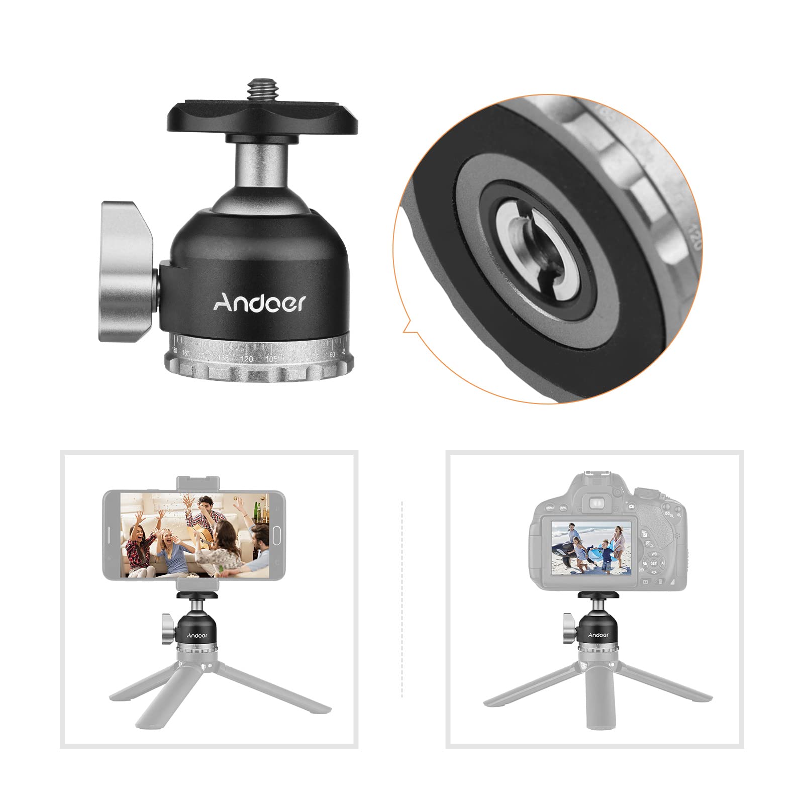 Andoer Mini Ball Head Tripod Mount - Aluminum Alloy Panoramic Ball Head with 1/4