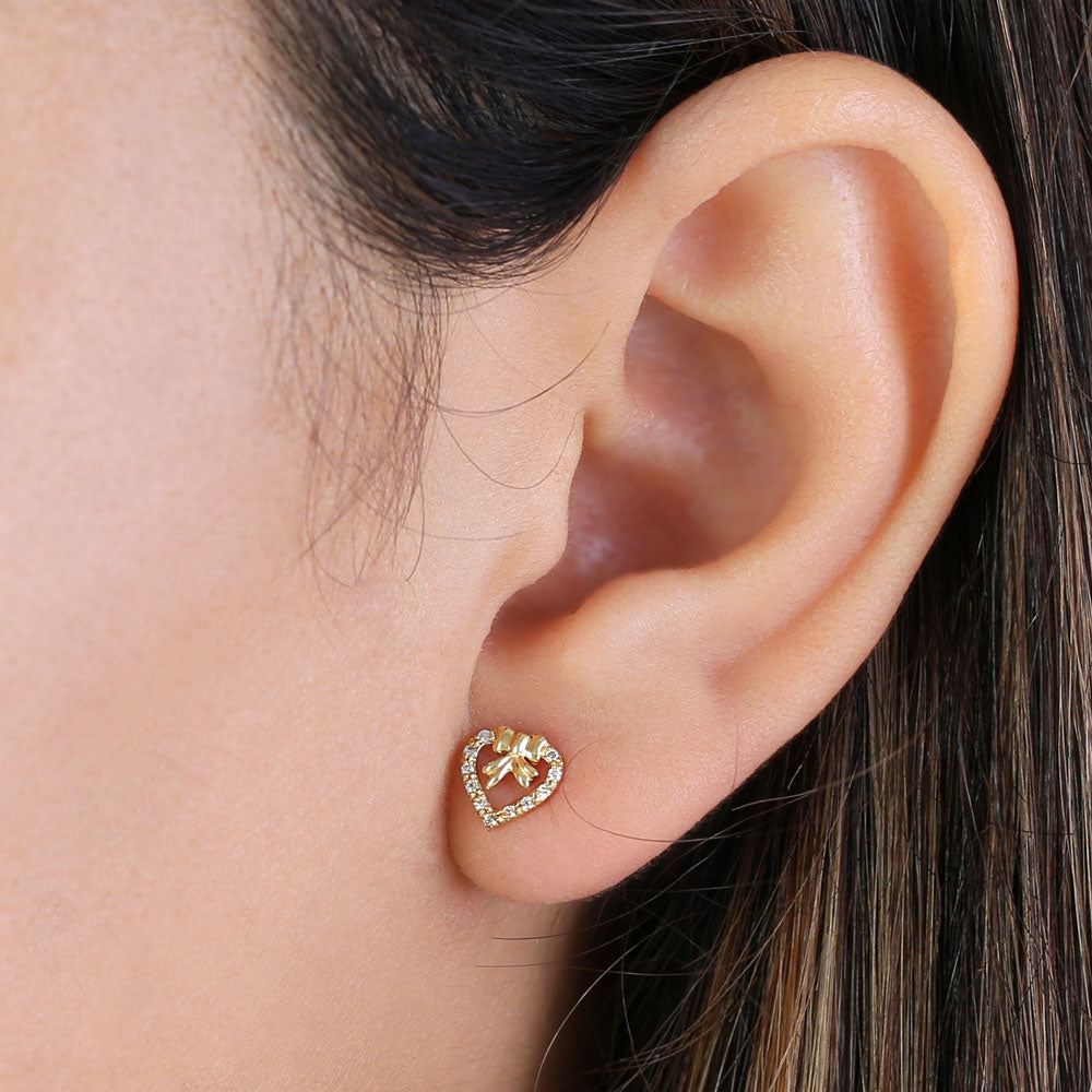 14K Yellow Gold Ribbon & Heart Diamond Earrings for Women - Elegant Dangle Drop Earrings for Valentine's Day, Anniversary, Wedding & Special Occasions