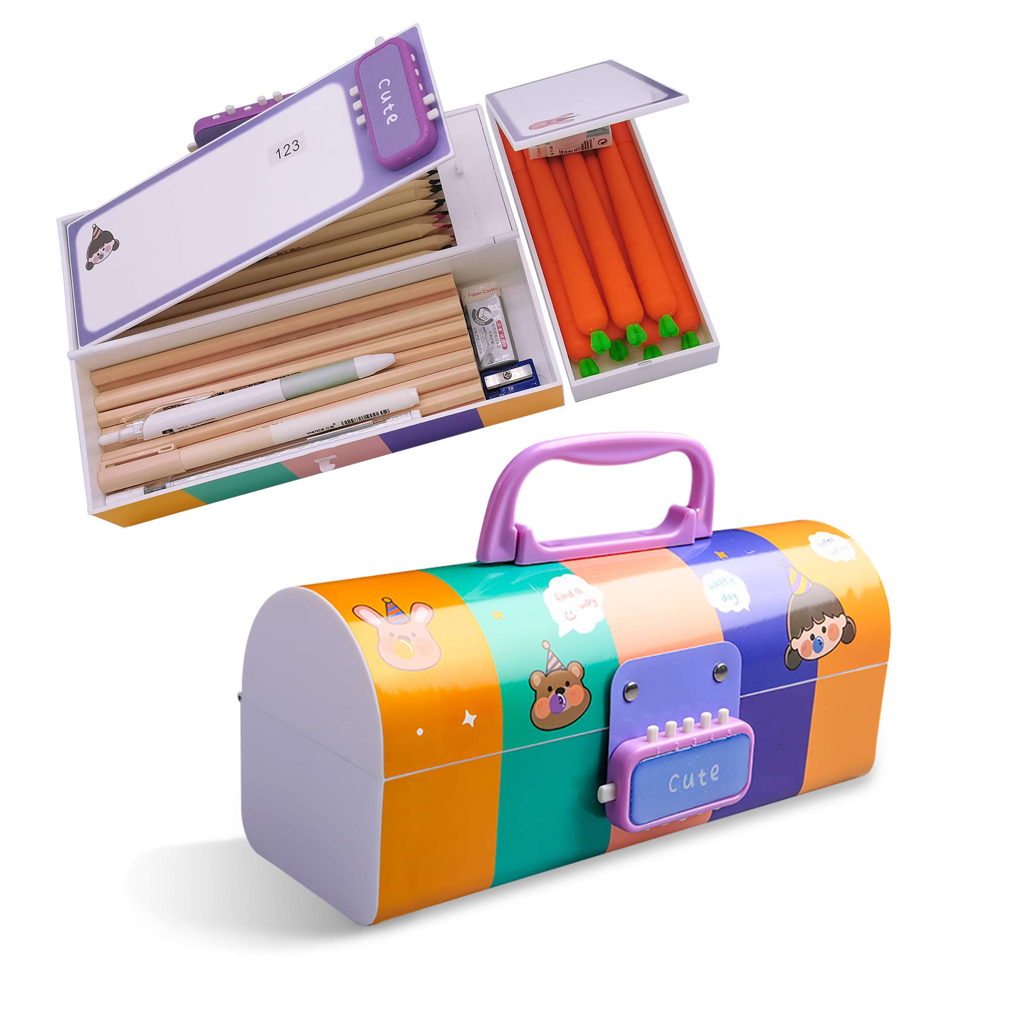 Funny Japanese Cartoon Multifunction Pencil Box with Double Password Lock - Large Capacity Plastic Stationery Organizer for Kids, Girls & Teens (Multicolor) - Perfect for School, Office & Travel Use