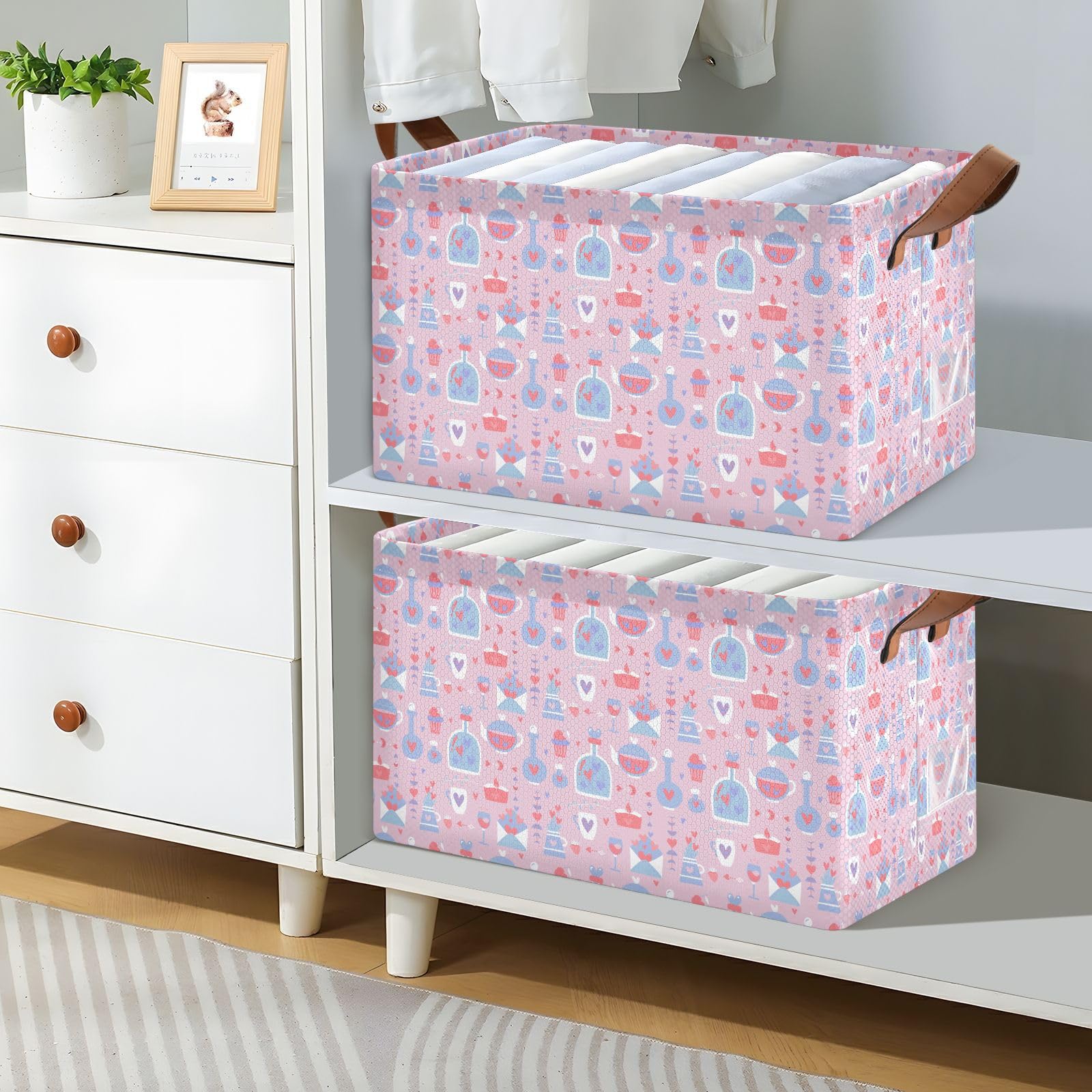 Large Storage Baskets with Handles - 2 Pack Blue & Red Pattern Fabric Storage Bins, Organizer Cubes for Makeup, Books, Toys | Perfect for Shelves, Living Room, Bedroom & Closet Organization