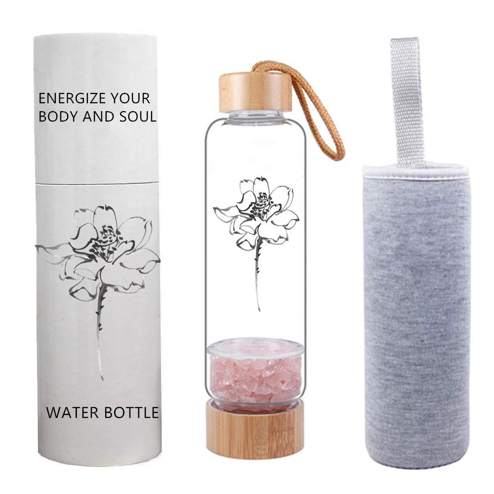 AITELEI 400ML Bamboo Crystal Elixir Water Bottle with Natural Gemstones - Quartz Gravel Infused Healing Glass Bottle for Energy & Wellness | Perfect for Yoga, Meditation & Holistic Healing Practices