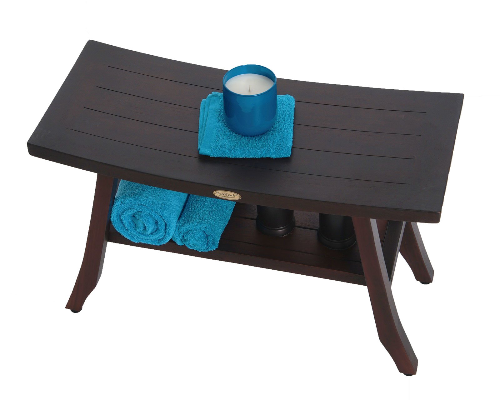 Decoteak Satori 28-Inch Brown Waterproof Teak Wood Shower Bench with Storage Shelf - Non-Slip Bathroom Stool Seat for Safety & Organization - Perfect for Elderly, Spa, and Small Space Bathrooms