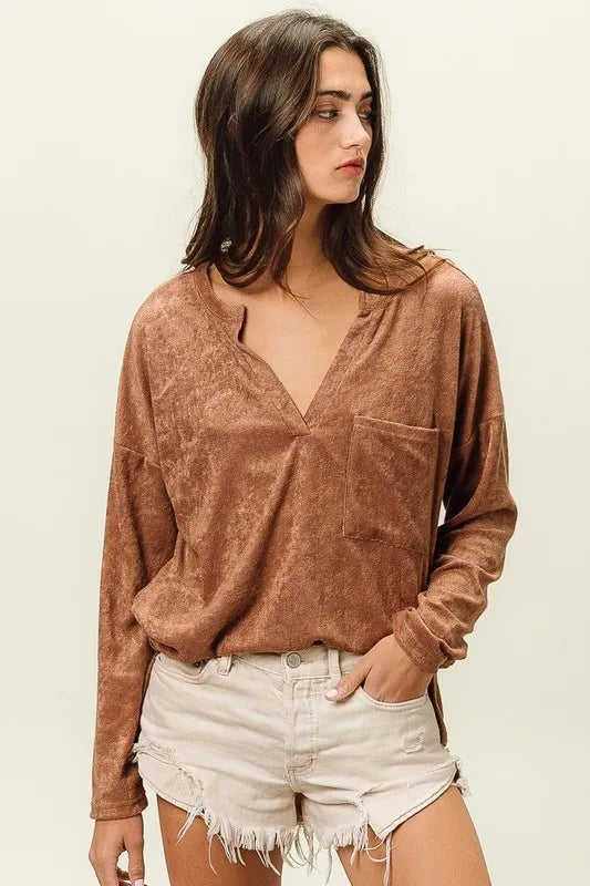 BiBi Loop Terry Solid V-Neck Pocket Top for Women - Soft Casual T-Shirt with Pocket for Everyday Wear, Gym, and Lounge