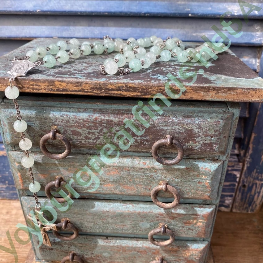 Vintage Sterling Silver Green Jade Bead Rosary Necklace - Elegant Catholic Prayer Beads for Chapel, Meditation & Spiritual Gifts