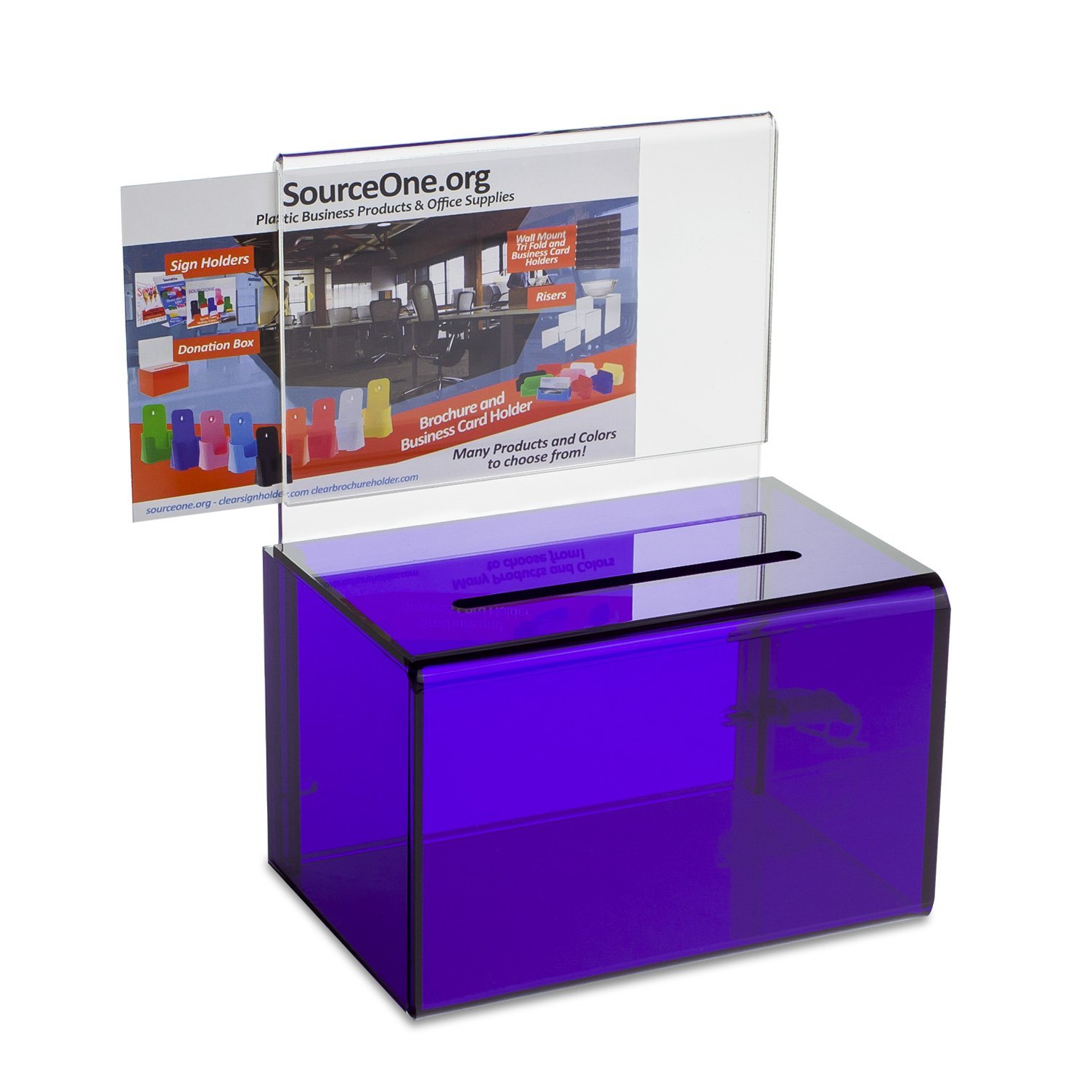 Source One Small 5-Inch Wide Deluxe Oblong Donation Box with Ad Frame & Free Lock (Purple) - Perfect for Charity Events, Fundraisers, Churches, and Retail Stores