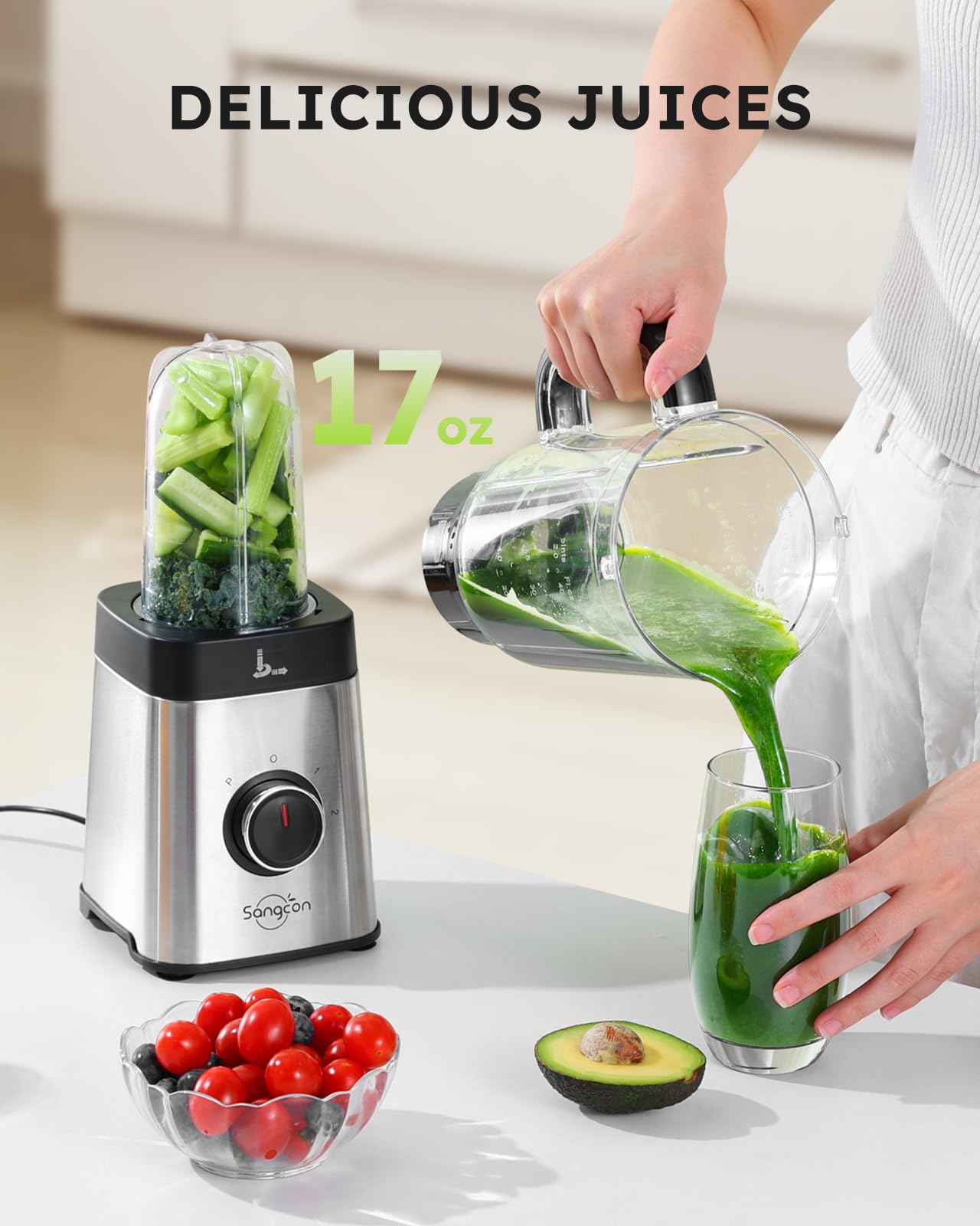 **Sangcon 5-in-1 Blender and Food Processor Combo for Kitchen – 40 oz Jar & 17 oz Cup with To-Go Lid – Perfect for Smoothies, Shakes, Meat Chopping, Grinding & More – Ideal for Home, Office, and Travel Use**