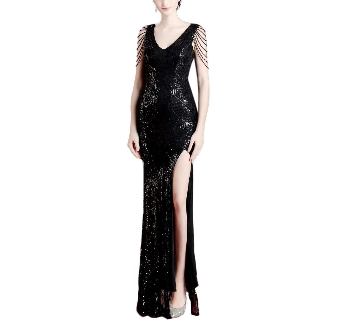 Mordarli Women's Elegant Double V Neck Sequin Mermaid Evening Gown - Stretch Formal Long Dress with Crystal Beading for Prom, Wedding & Special Occasions