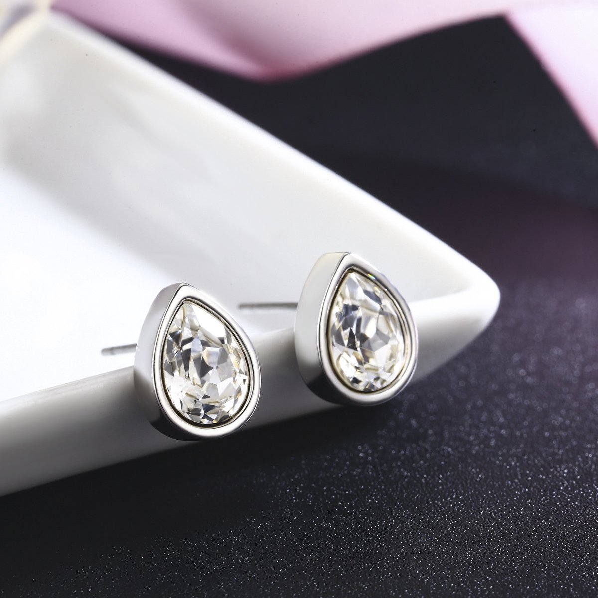 Platinum Teardrop Stud Earrings with Austrian Crystals - Elegant Women's Jewelry for Parties & Gifts