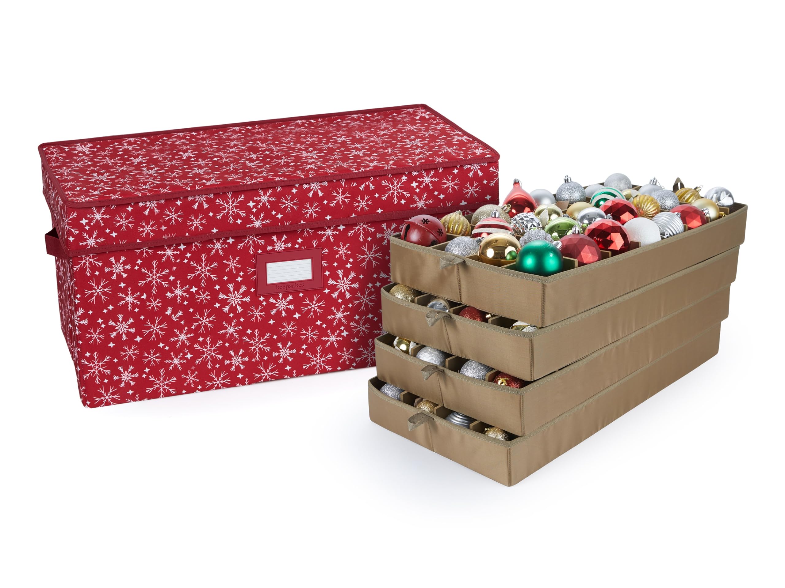 Covermates Keepsakes Adjustable Ornament Storage Box with Carrying Handles & Padded Protection - Holiday Decoration Organizer for Christmas Tree Ornaments (Red Snowflake Design) - Perfect for Seasonal Storage & Home Organization