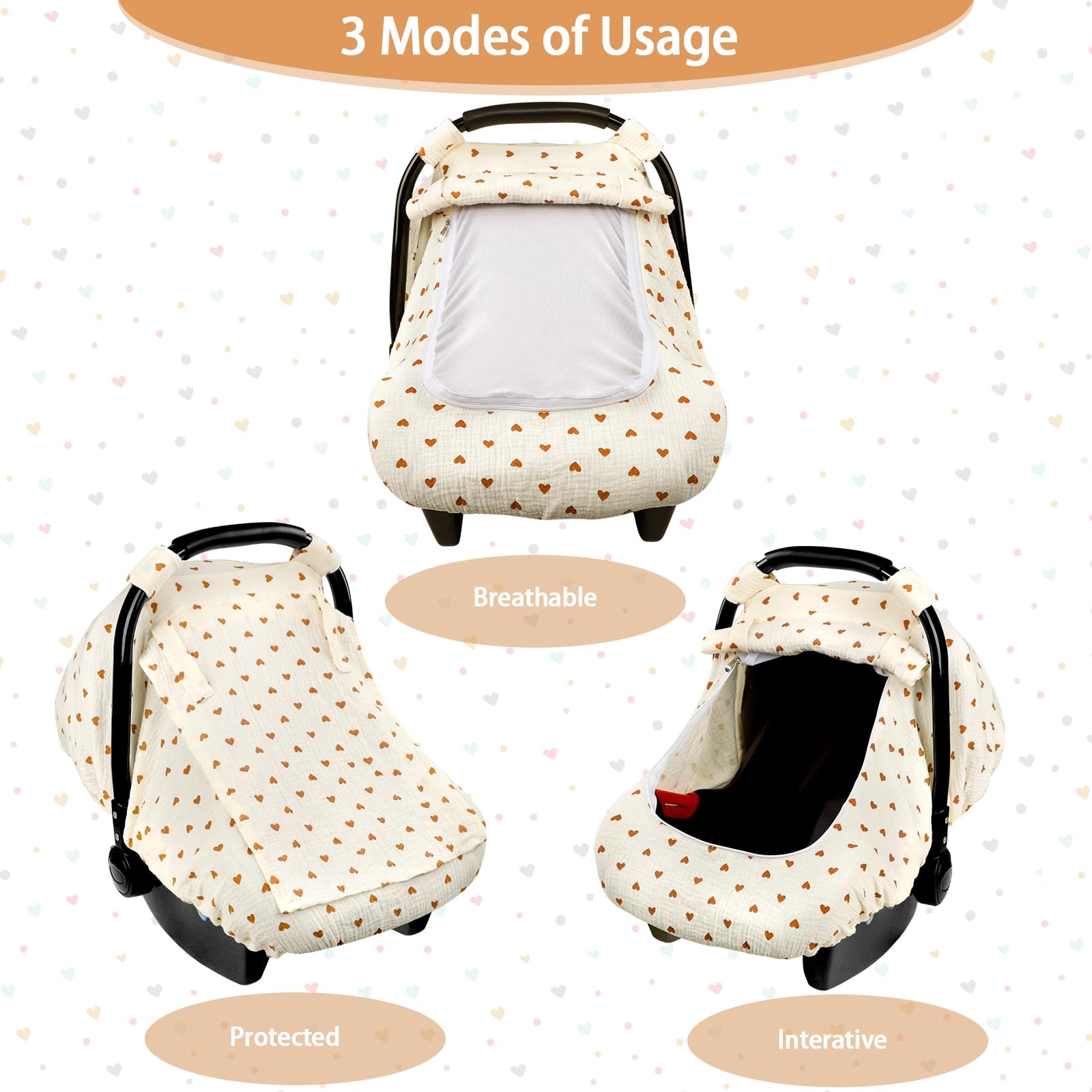 Hooyax Muslin Car Seat Cover for Babies - Ultra Soft, Breathable Universal Fit for Infants & Newborns | Summer Stroller & Car Seat Canopy Cover for Boys & Girls (Heart Design) - Perfect for Travel, Shopping & Outdoor Adventures