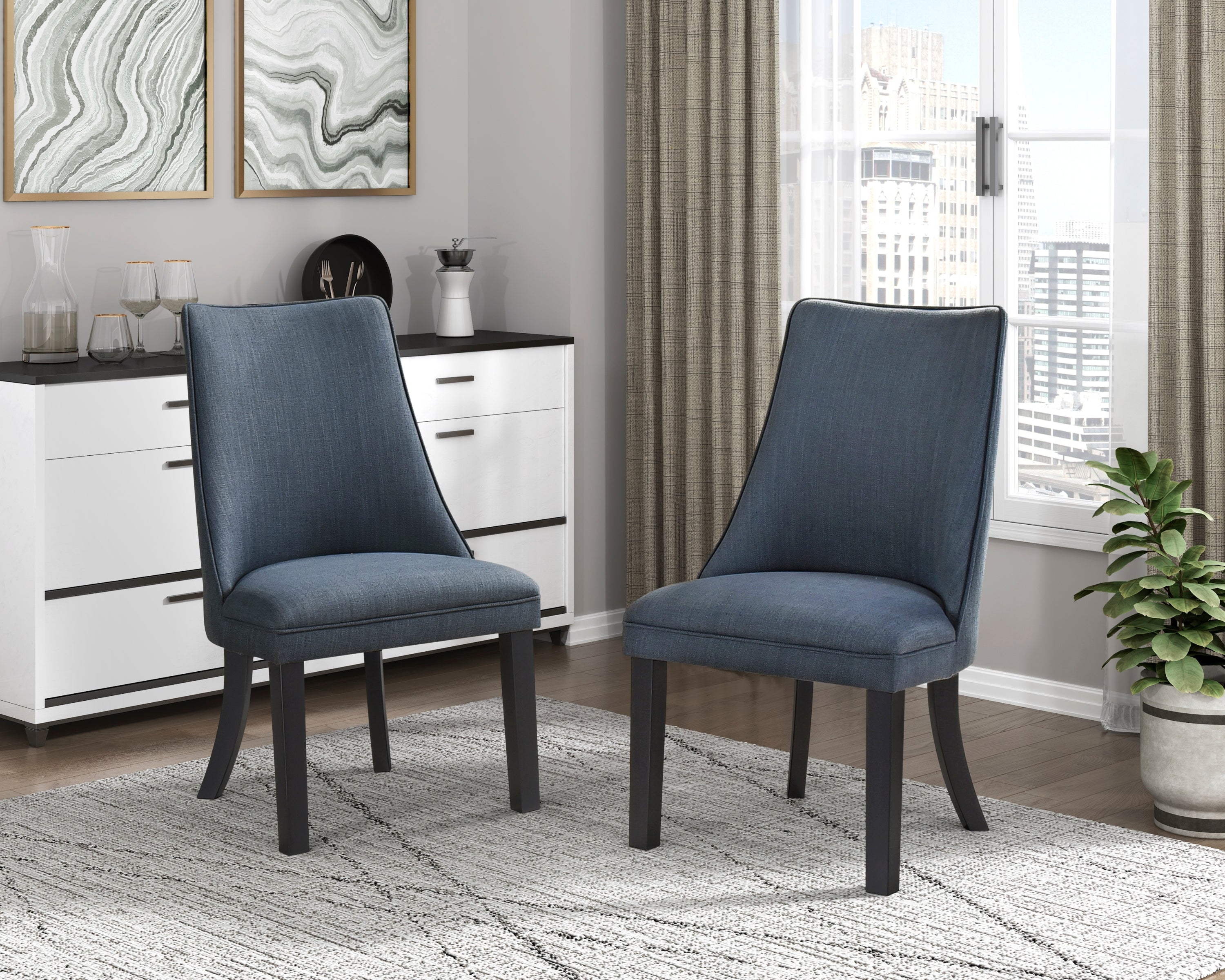 Modern Blue Textured Fabric Upholstered Dining Chairs Set of 2 with Dark Walnut Wooden Legs - Kitchen & Dining Room Furniture for Home Decor