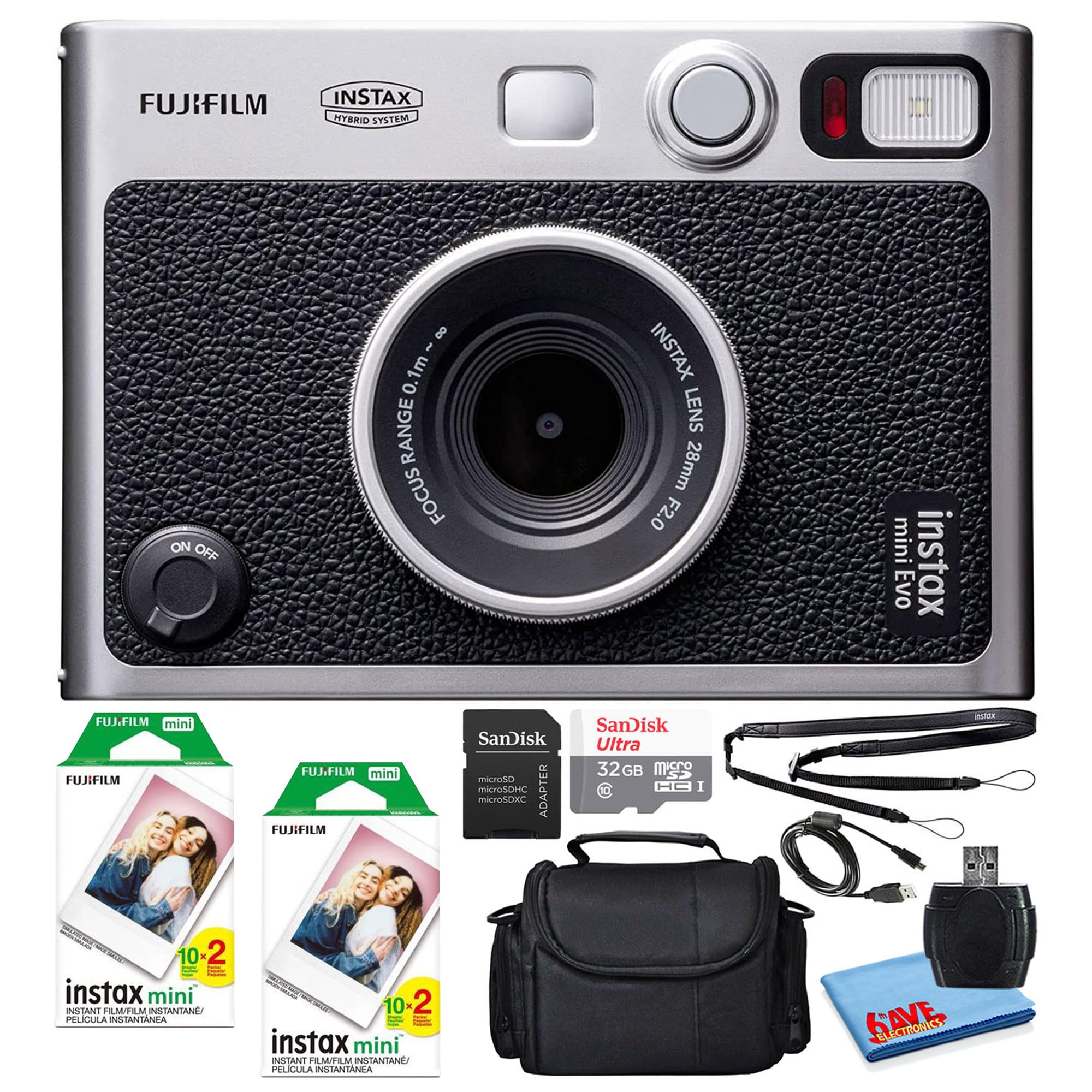 Fujifilm Instax Mini EVO Hybrid Instant Film Camera (Black) with 40 Instant Film Sheets, 32GB Memory Card, Case & Accessories – Perfect for Travel, Parties & Instant Photo Printing
