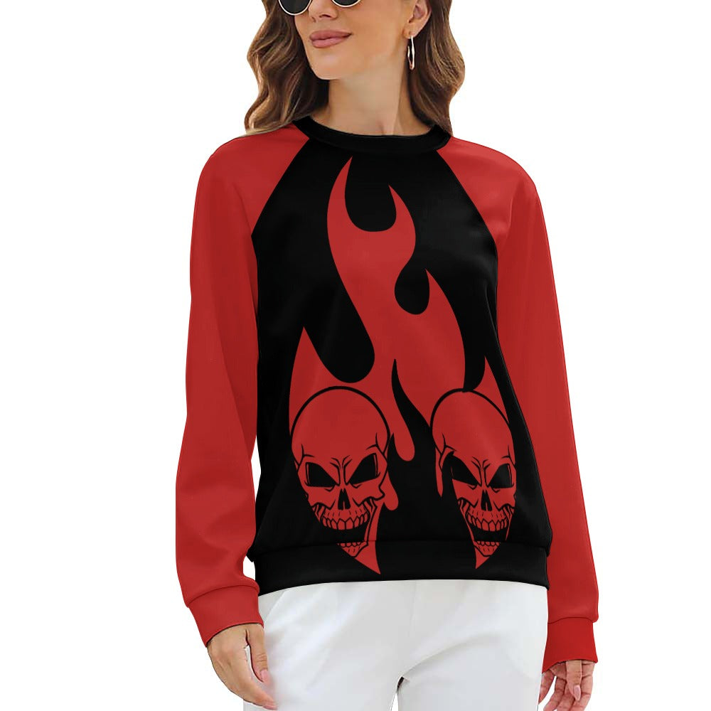 Burning Skulls Raglan Round Neck Sweater - Gothic Style Long Sleeve Pullover for Men & Women | Perfect for Halloween, Concerts, and Alternative Fashion