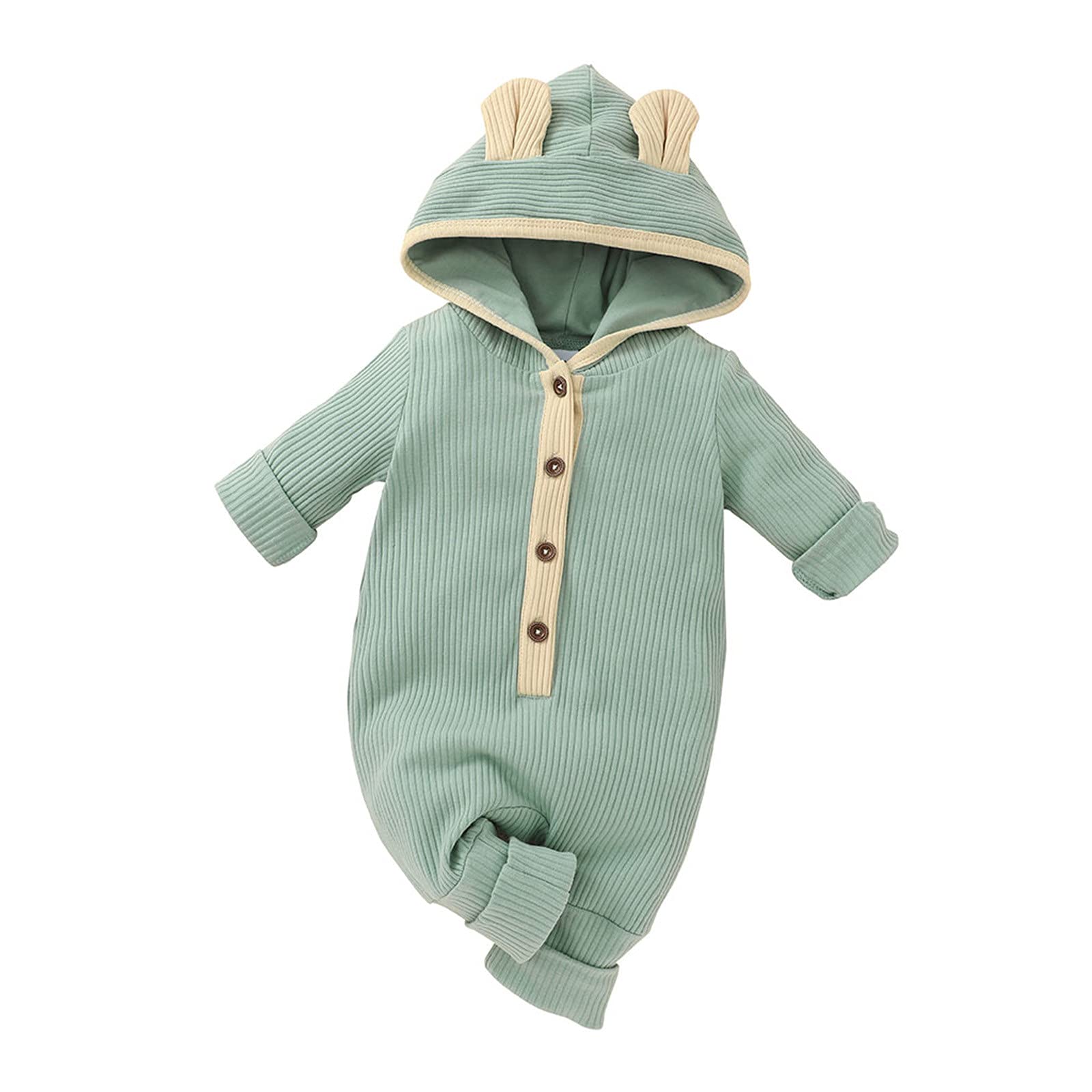Baby Boys & Girls Hooded Ribbed Button Romper Jumpsuit - Soft & Comfortable Newborn Outfit for Playtime & Photo Shoots