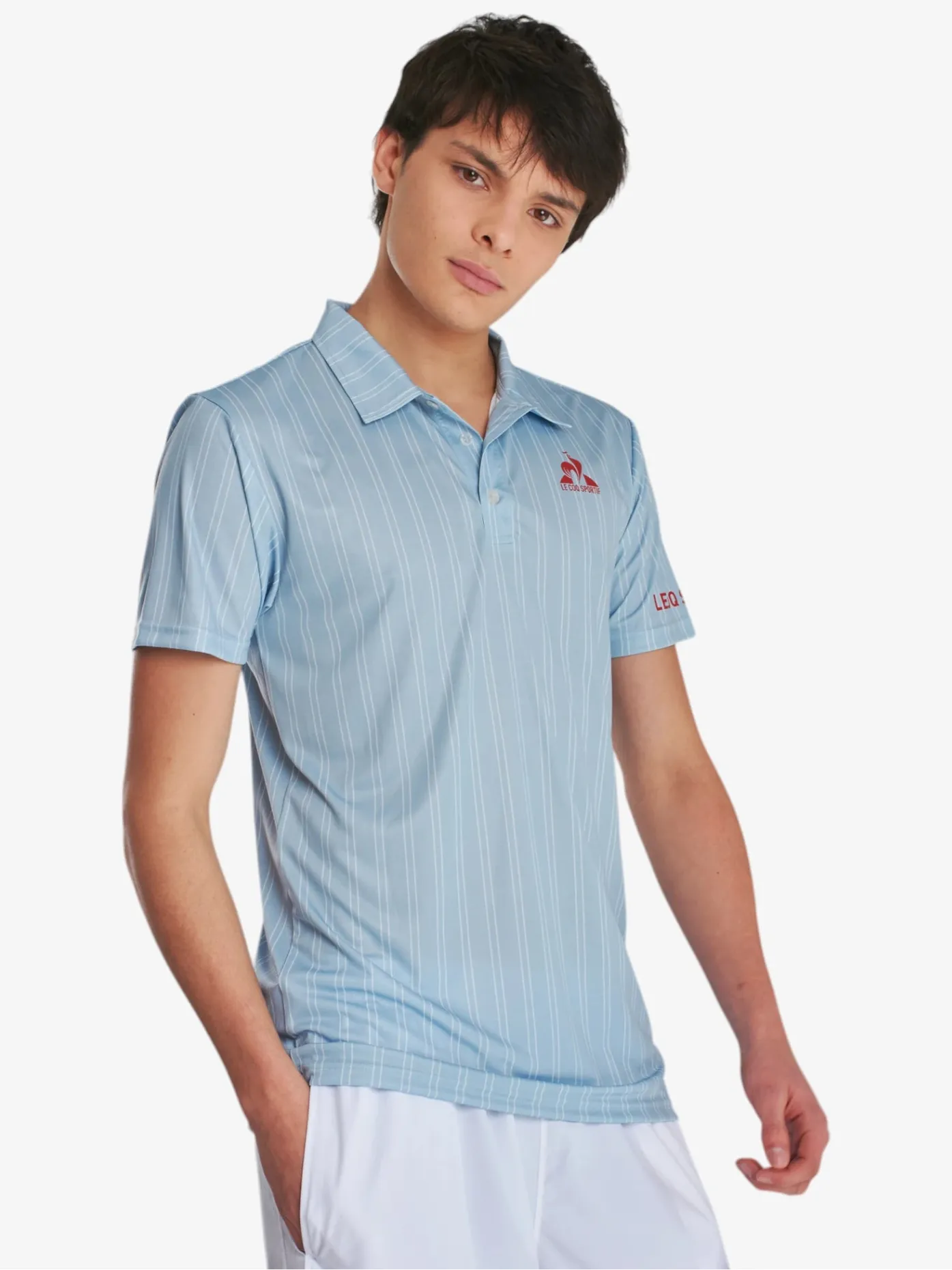 Le Coq Sportif Men's Tennis Stripe Polo Shirt in Celeste - Breathable & Stylish for Casual Wear, Sports & Outdoor Activities
