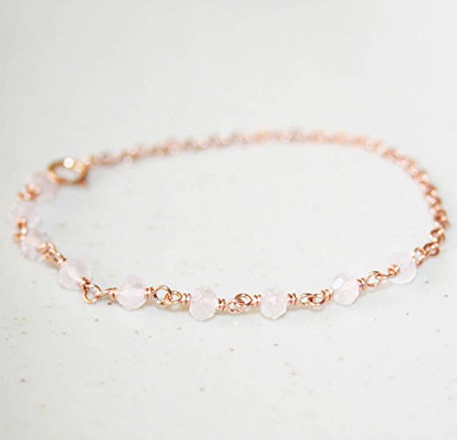 14K Rose Gold Filled Dainty Rose Quartz Bracelet - 4mm Minimalist Layering Bracelet with Small Pink Gemstone for Bridesmaids, Everyday Wear & Gift Giving
