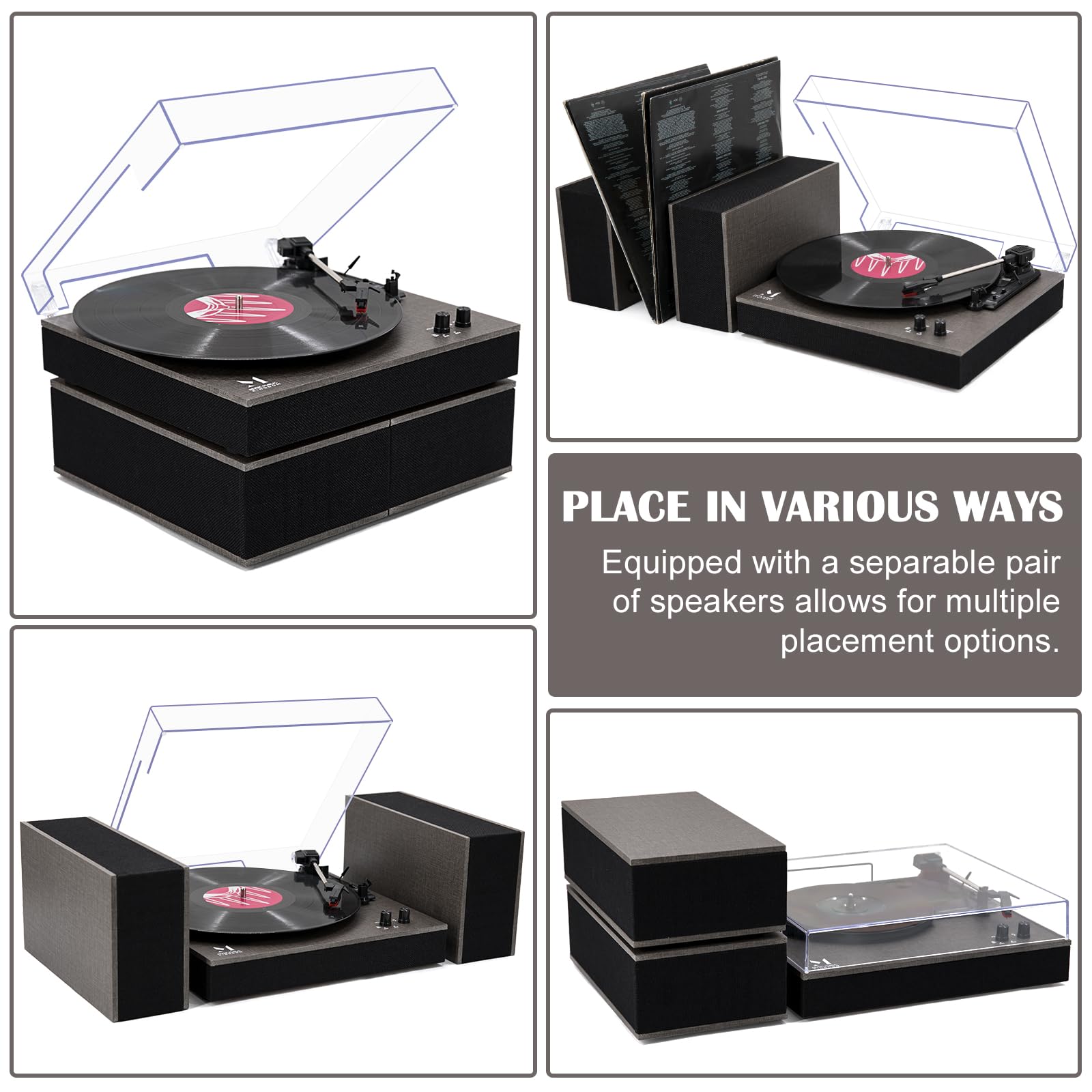 MPK Bluetooth Record Player - 3-Speed Belt-Drive Vinyl Turntable with HiFi Bookshelf Speakers | Wireless Playback & Auto-Stop | Grey Cloth Pattern | Perfect for Home Entertainment & Vinyl Collection